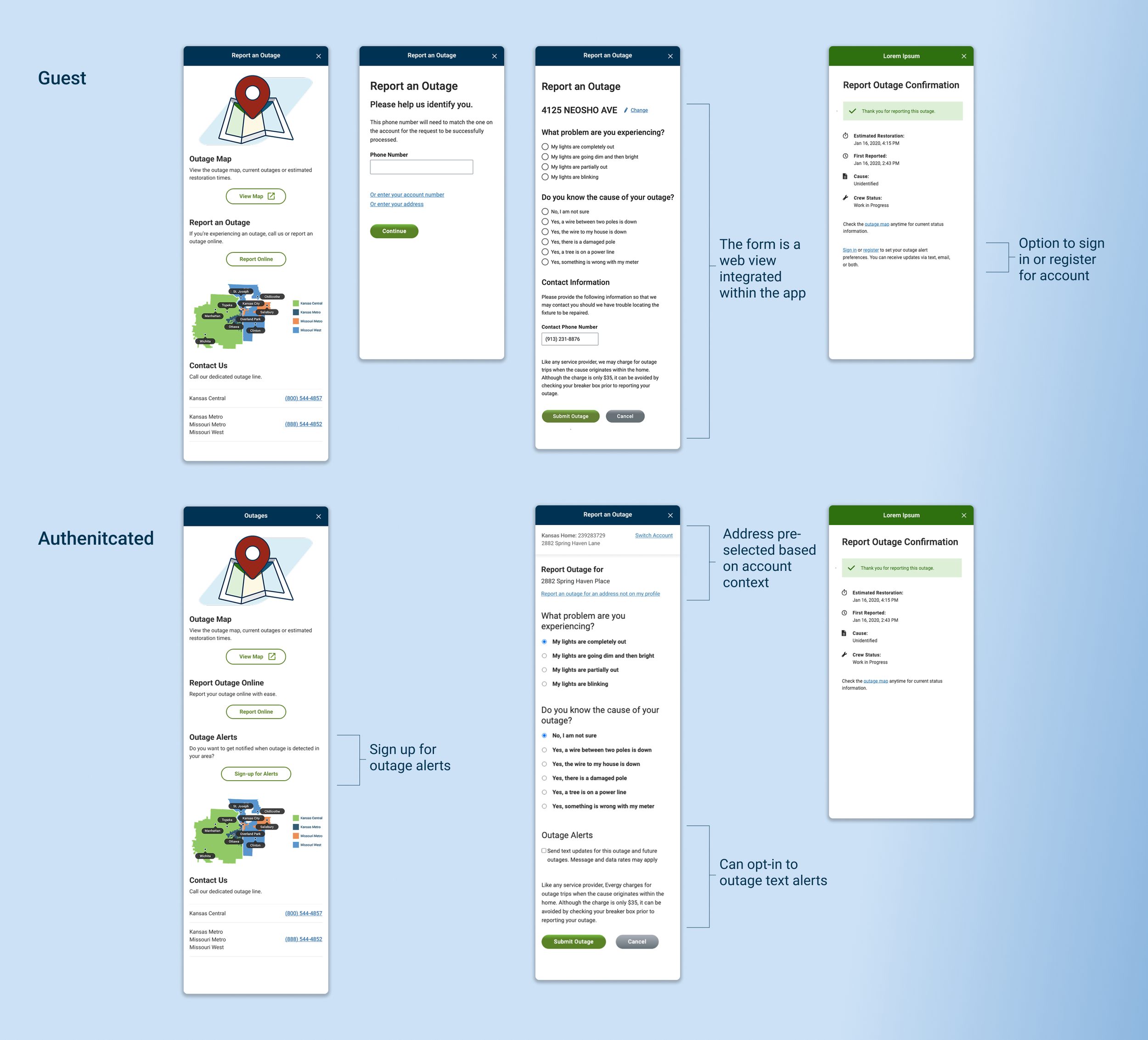 Diagram comparing guest and authenticated user views of an outage reporting app, showing web view forms, outage maps, report forms, confirmation screens, and options for signing in or subscribing to outage alerts.