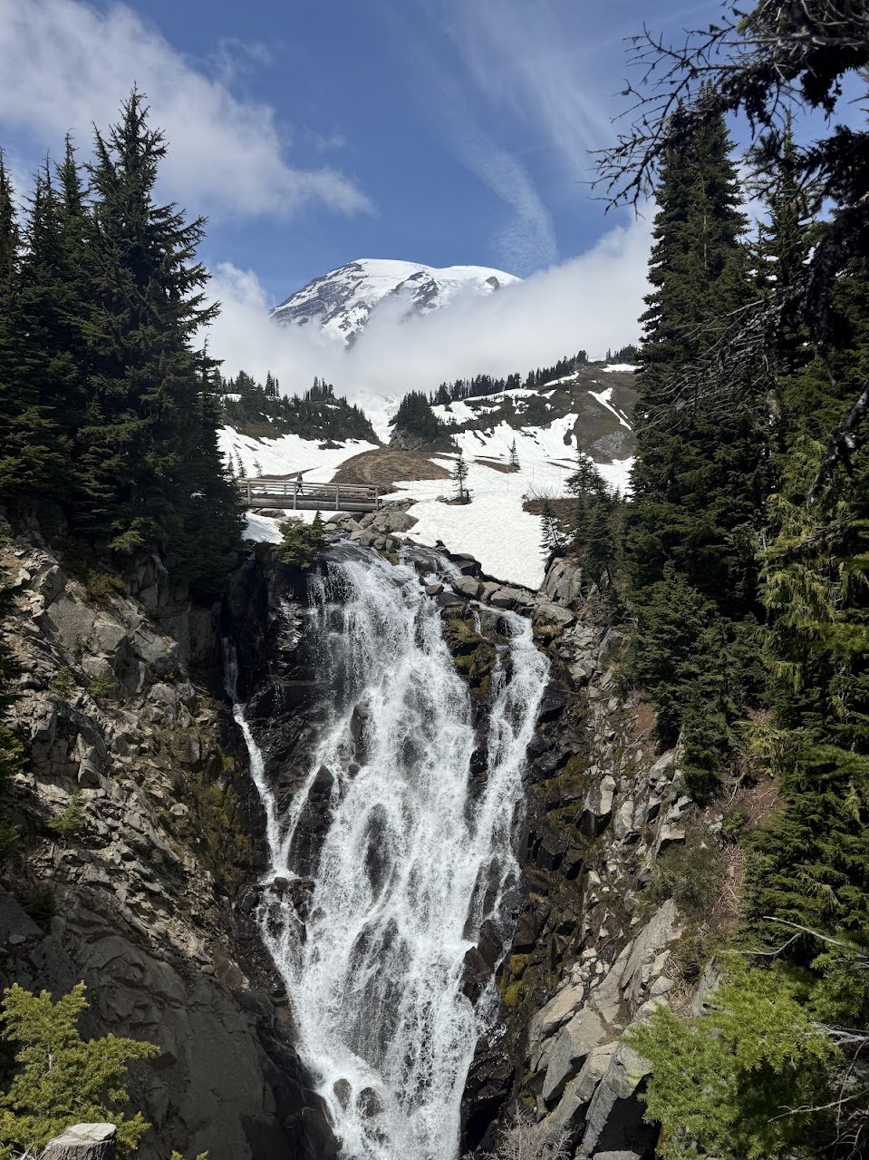 Mountain landscape featuring a waterfall cascading over rocks surrounded by evergreen trees, with snow-covered mountain peaks in the background and a blue sky with some clouds.