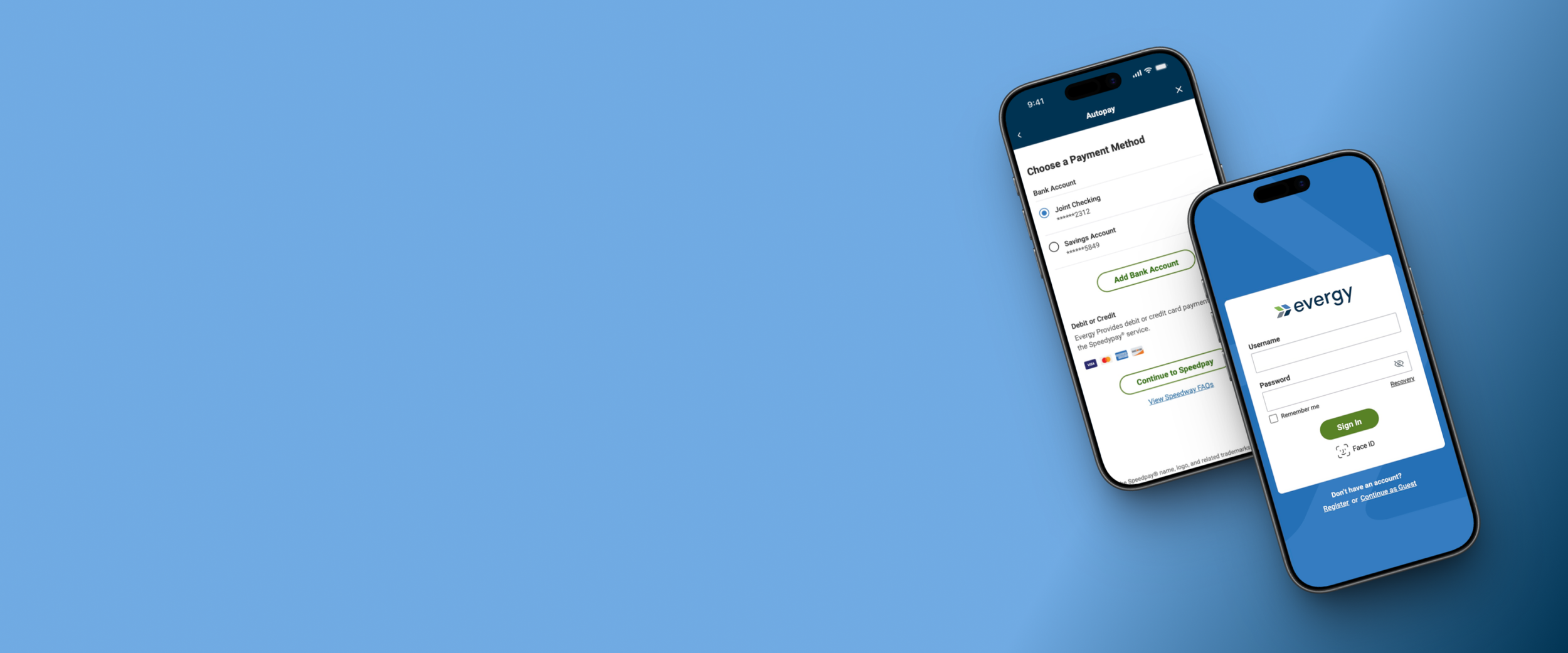 Two smartphones showing different screens of a mobile banking app on a blue background.