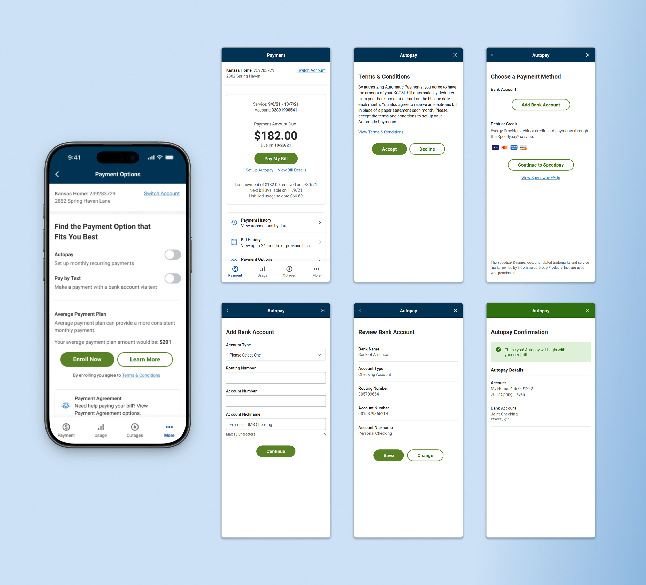 Screenshots of a mobile banking app showing payment options, autopay setup, bank account management, and confirmation screens.