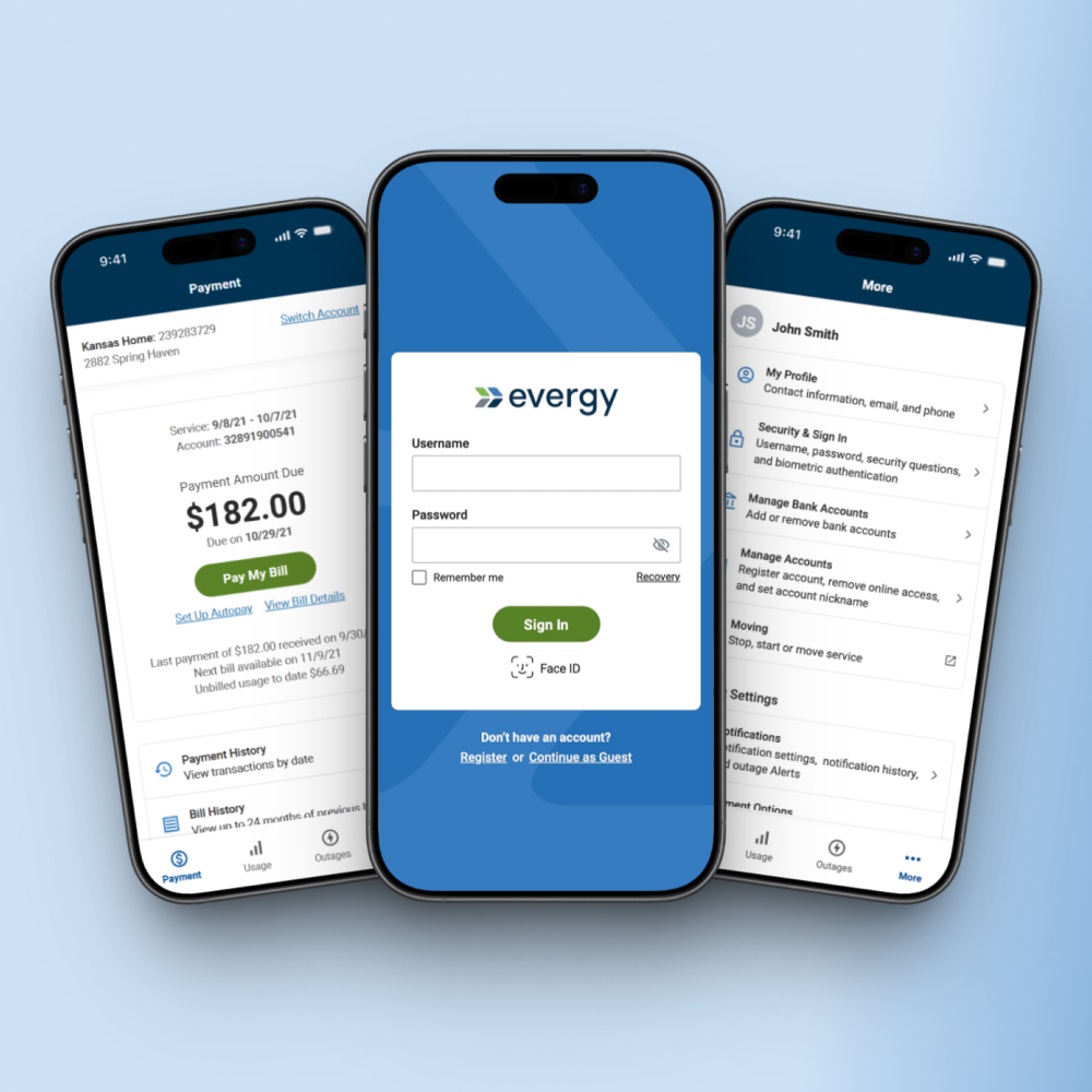 Three smartphones displaying a mobile app interface for Evergy, an energy utility company, with the middle phone showing the login screen, the left phone displaying a payment screen, and the right phone showing user account options.