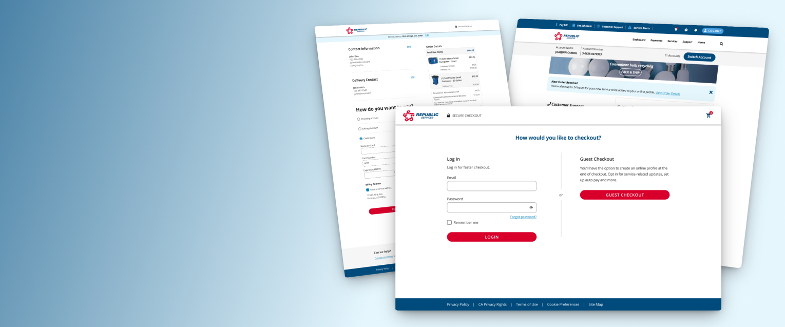 Screenshots of online shopping website checkout pages, featuring login, guest checkout options, and order details.