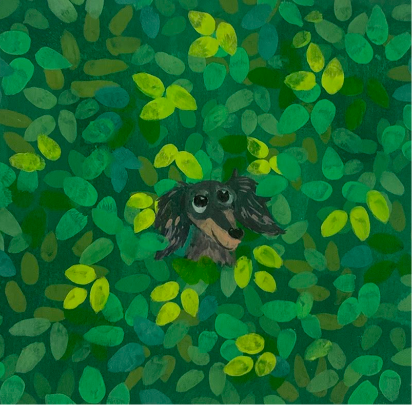 A painting of a dog with long ears and a happy expression is surrounded by green leaves.