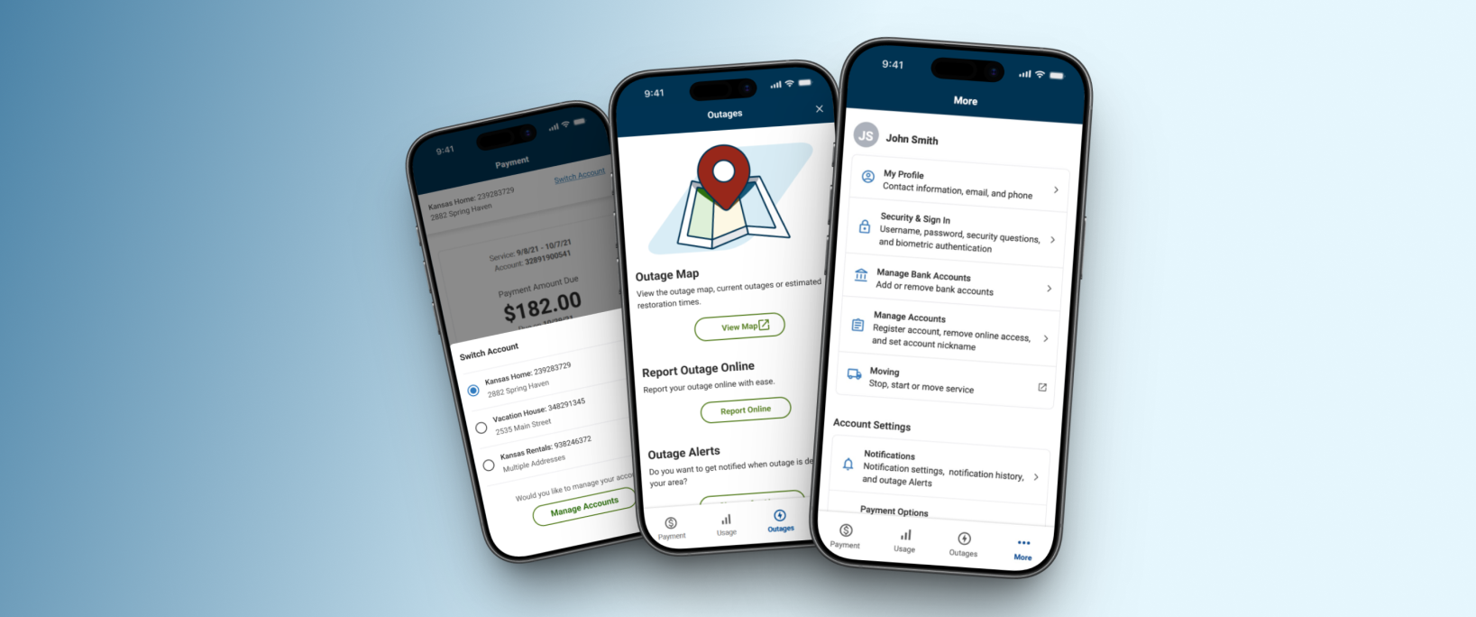Three smartphone screens displaying a utility company's mobile app. The first screen shows account management options, the second shows an outage map and report outage button, and the third shows user profile and settings.