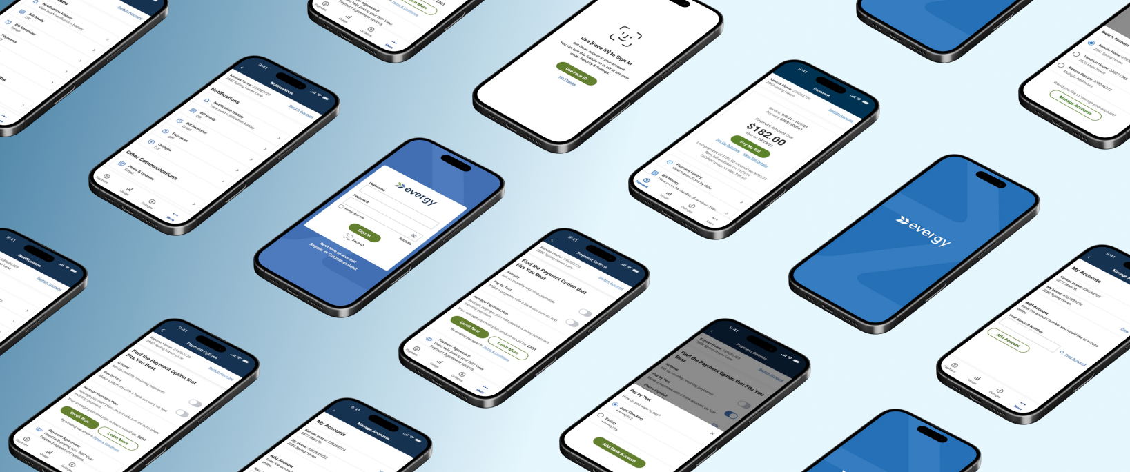 Multiple smartphones displaying the Evergy mobile app on screens, showing account management, payment options, and notifications, arranged on a light blue background.