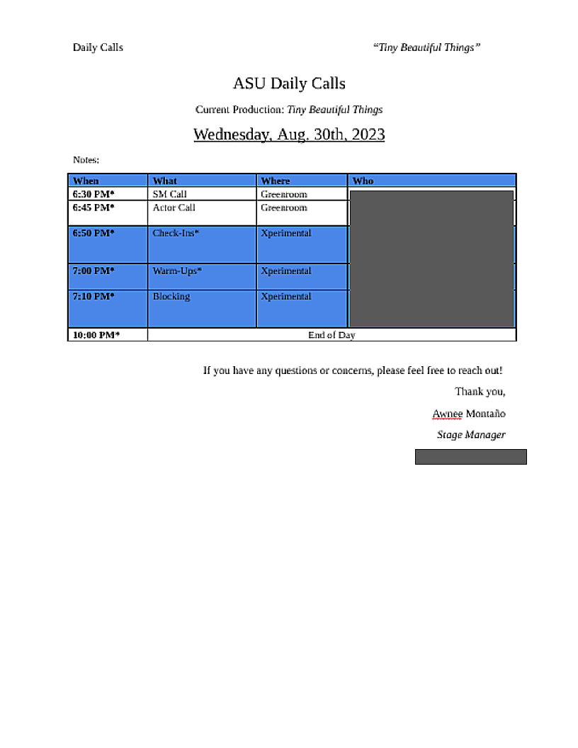 Similar to the production meeting notes, I later changed this format because I found that the daily calls could be more readable and could hold more information. 