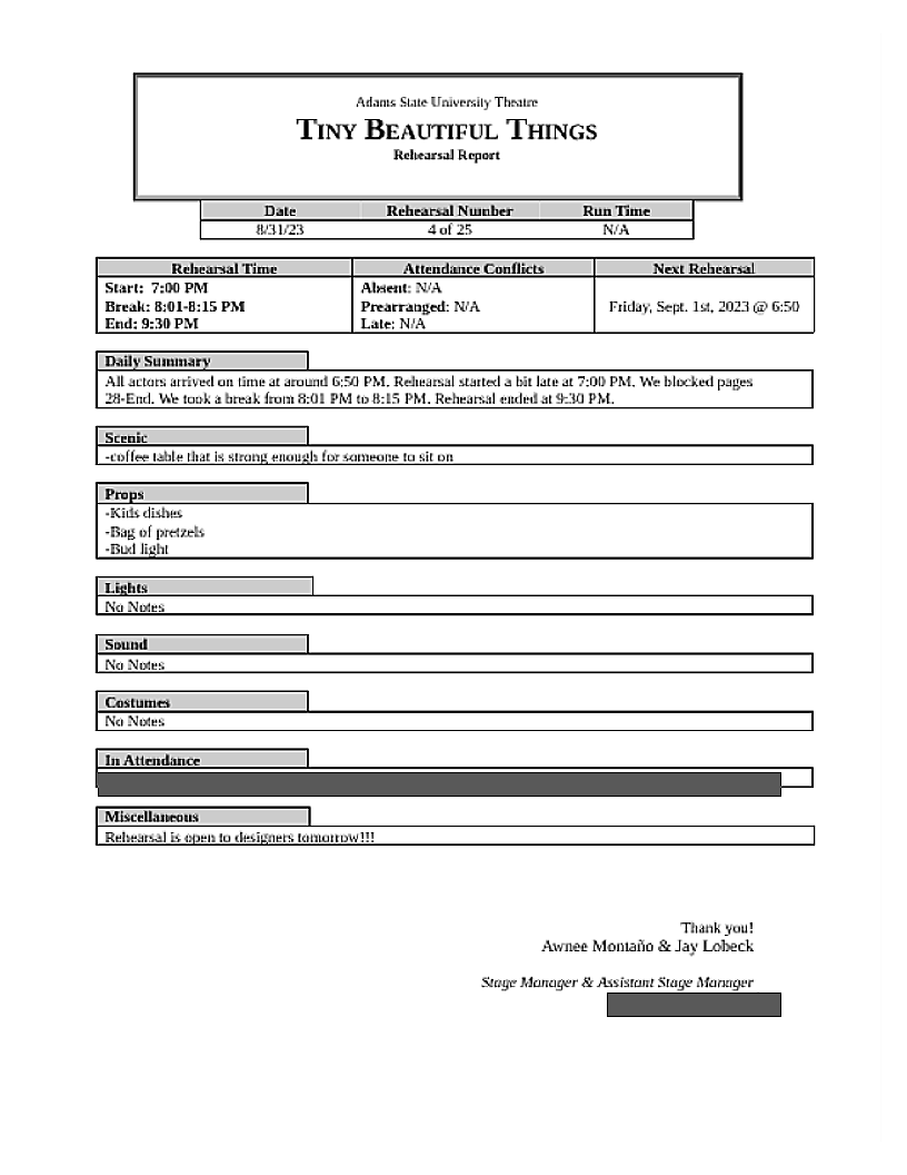 For this production I used the rehearsal report format that was already created for the department. 