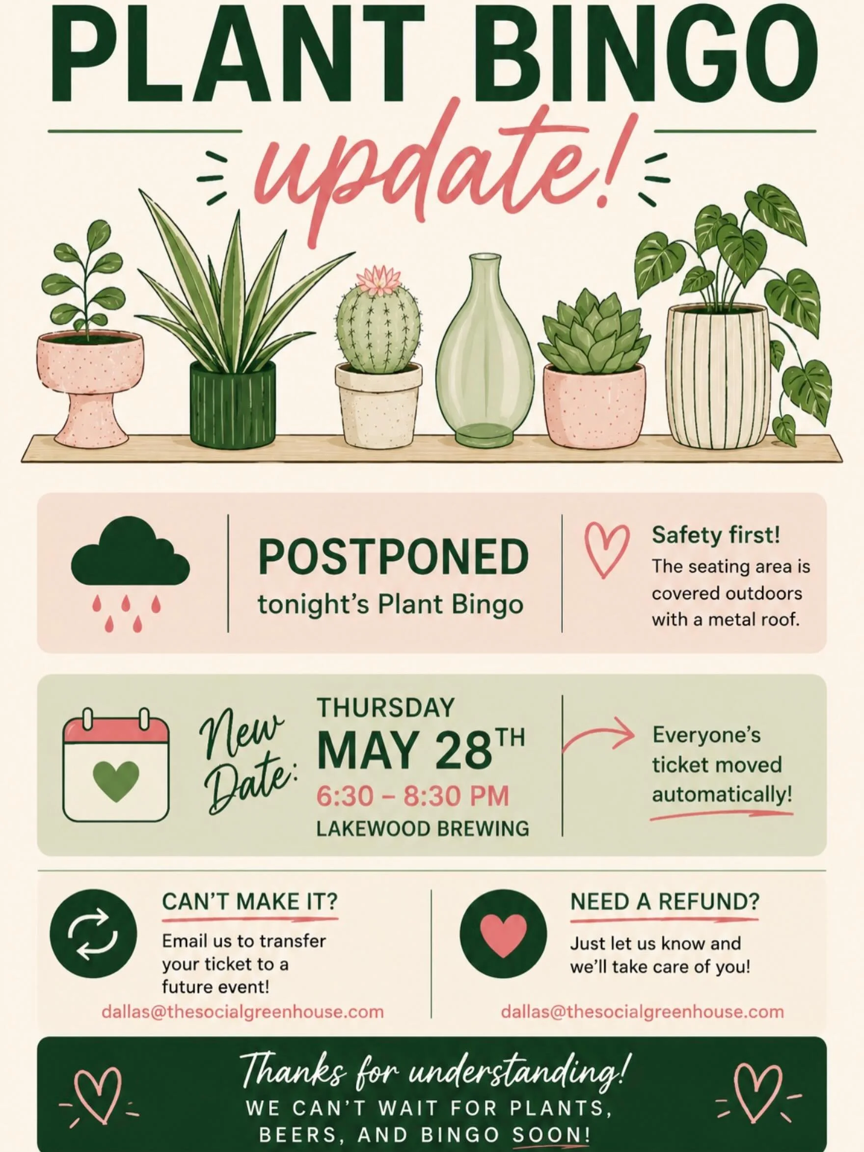 My dearest Planties, It looks like it will in fact be raining on our plant parade. Everyone&rsquo;s safety is very important to us. With that, we will be postponing today&rsquo;s event to a desirably less electrifying date. If you need anything or ha