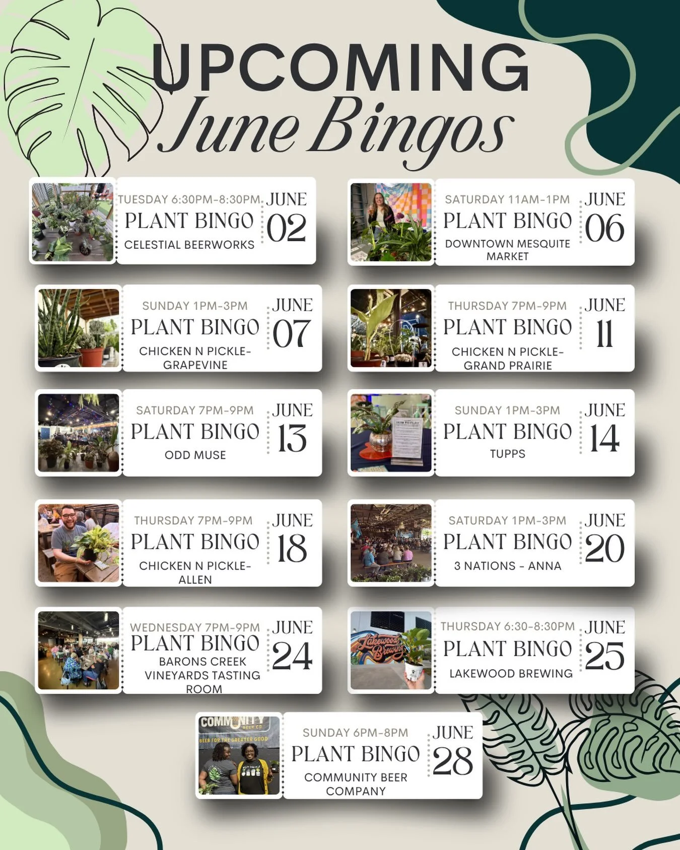 Upcoming plant bingo dates around Dallas for the month of June. Almost half of these are already sold out so don&rsquo;t wait around to buy your tickets.
New venues and dates for July dates will start to go live soon so follow us and check our websit