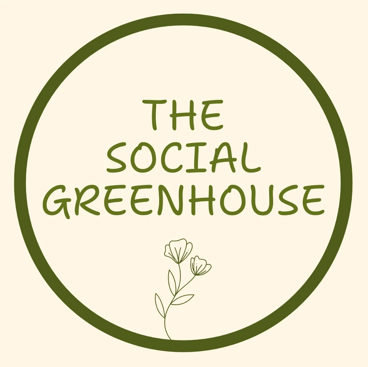 Logo for The Social Greenhouse with a green circle, light background, and a small flower illustration.