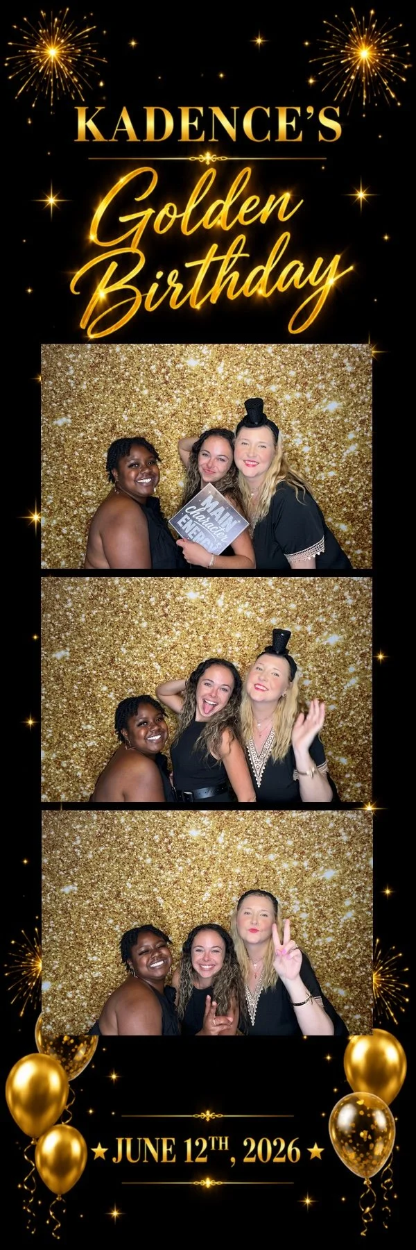 Three guests posing against a gold glitter background at a birthday party with a Pop & Pose Events Photo Booth. Pop & Pose Events creates custom photo templates and curated props for events in the Apopka, Orlando, & Greater Orlando area.