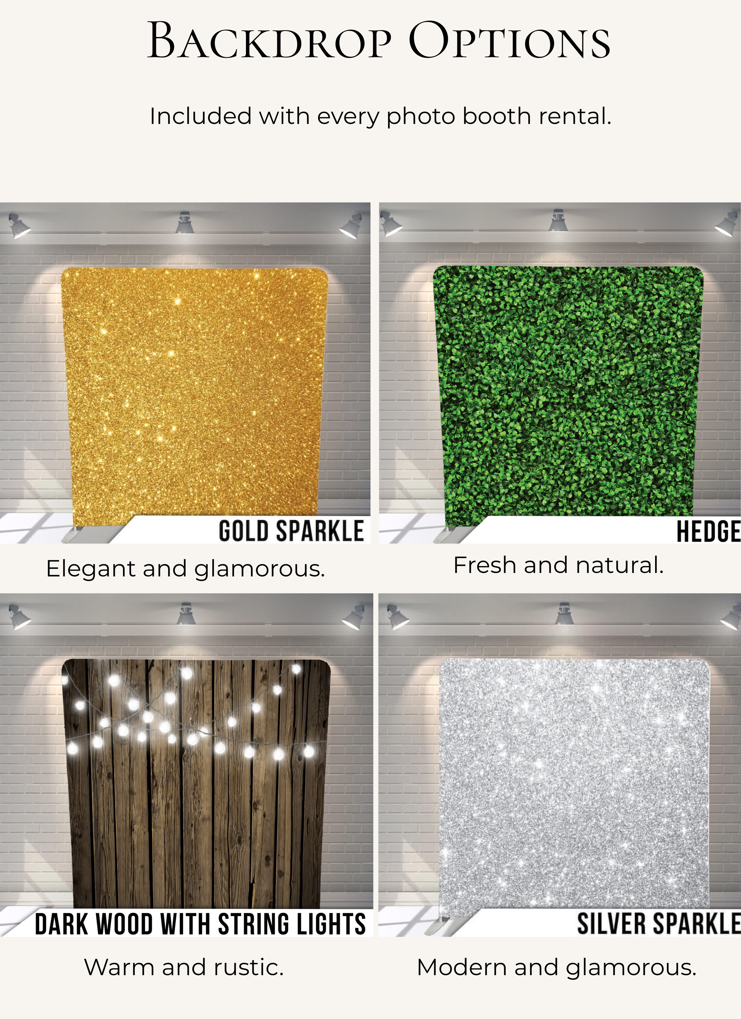 Four different backdrop options for Pop and Pose Events photo booths: gold sparkle, hedge, dark wood with string lights, silver sparkle. Pop and Pose Events offers modern Photo Booth experiences in Winter Springs, Orlando,  and surrounding areas.