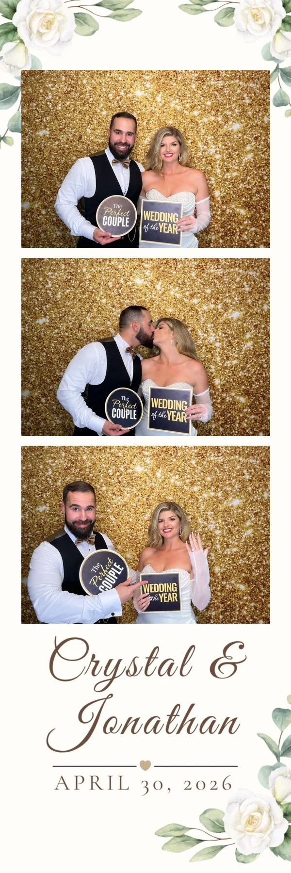 A custom photo strip from an Orlando wedding featuring a Pop & Pose Events Photo Booth. The bride and groom are posing with props in front of a gold glitter backdrop. Pop & Pose Events offer Photo Booth rentals throughout Central Florida.