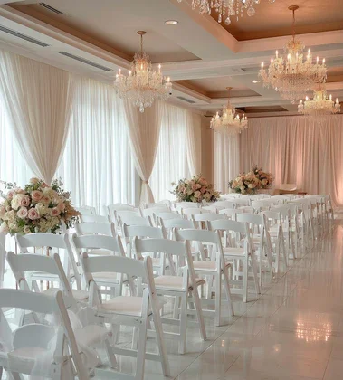 Empty wedding ceremony with white chairs, floral arrangements, and chandeliers in a decorated event hall.
