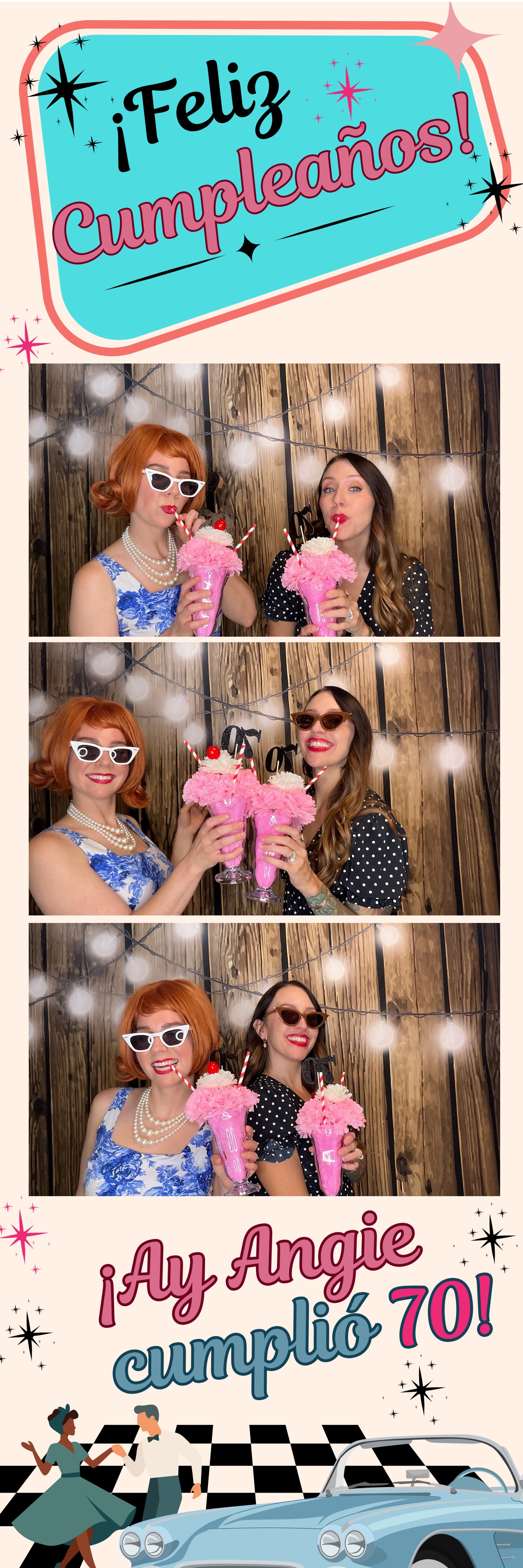 A retro themed birthday celebration featuring Pop & Pose Events modern Photo Booth. The guests are posing in front of a wood backdrop with string lights. Pop & Pose Events offers Photo Booth rentals in the Sanford, Oviedo, & Greater Orlando area.