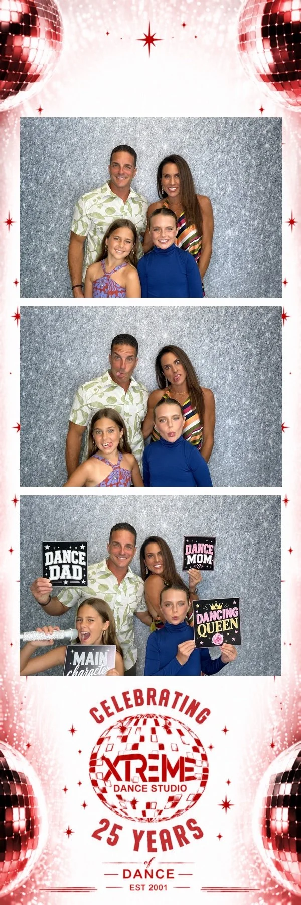 A custom photo strip from a dance recital using Pop & Pose Events Photo Booth. The guests are posing in front of a silver glittery backdrop. Pop & Pose Events offers Photo Booth experiences in the Lake Mary, Winter Springs, & Greater Orlando area.