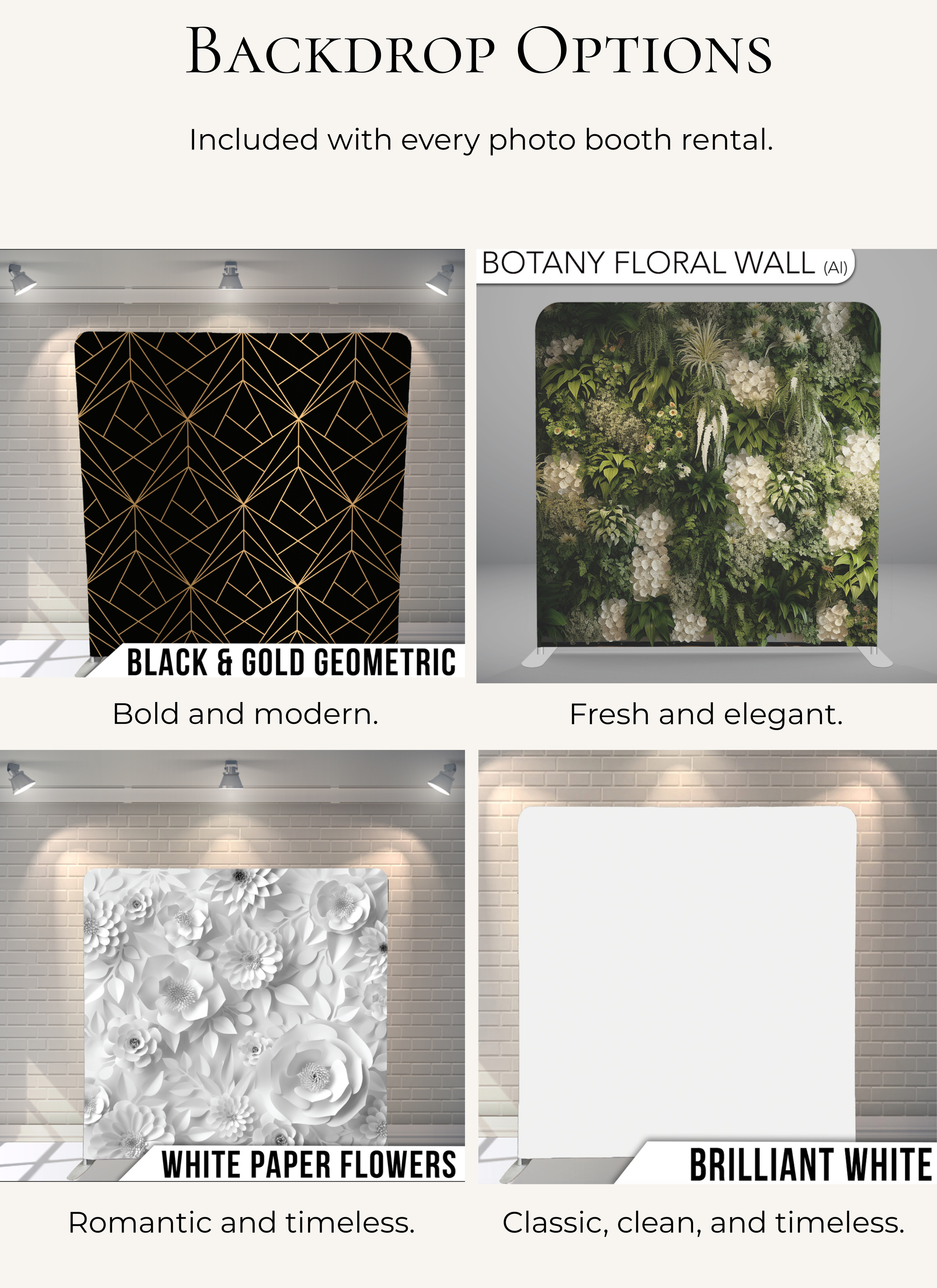 Display of four backdrop options for Pop and pose Events photo booths, including a geometric black and gold background, a lush botanical floral wall, a white paper flowers design, and a clean white blank backdrop.