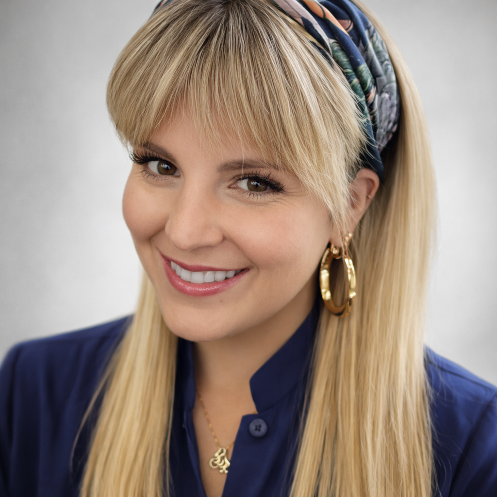 A woman with long blonde hair, wearing a headscarf, gold earrings, and a blue top, smiling at the camera.