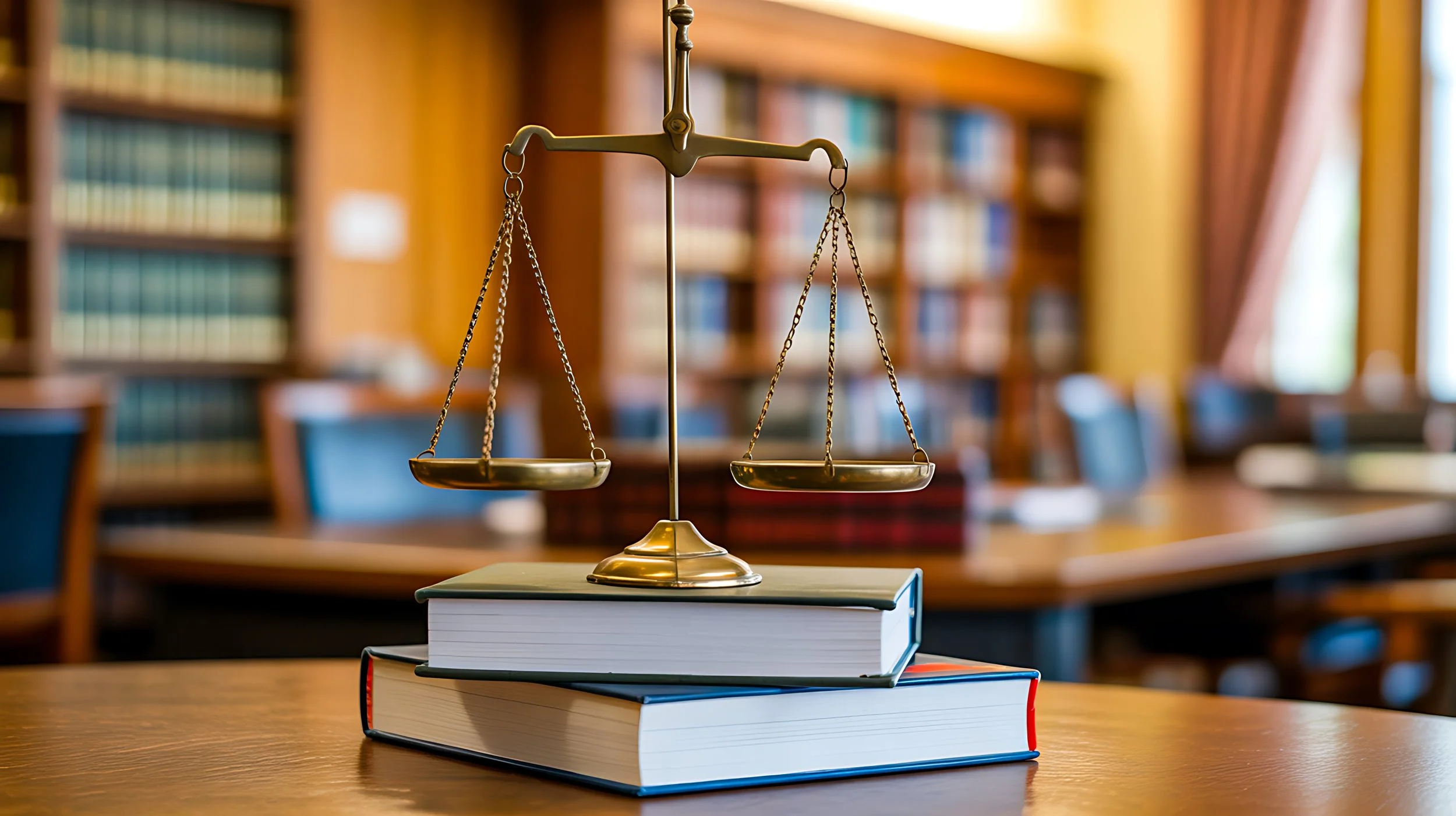 A set of brass balance scales placed on top of stacked books. The background shows a library with wooden shelves filled with books and a window with curtains.