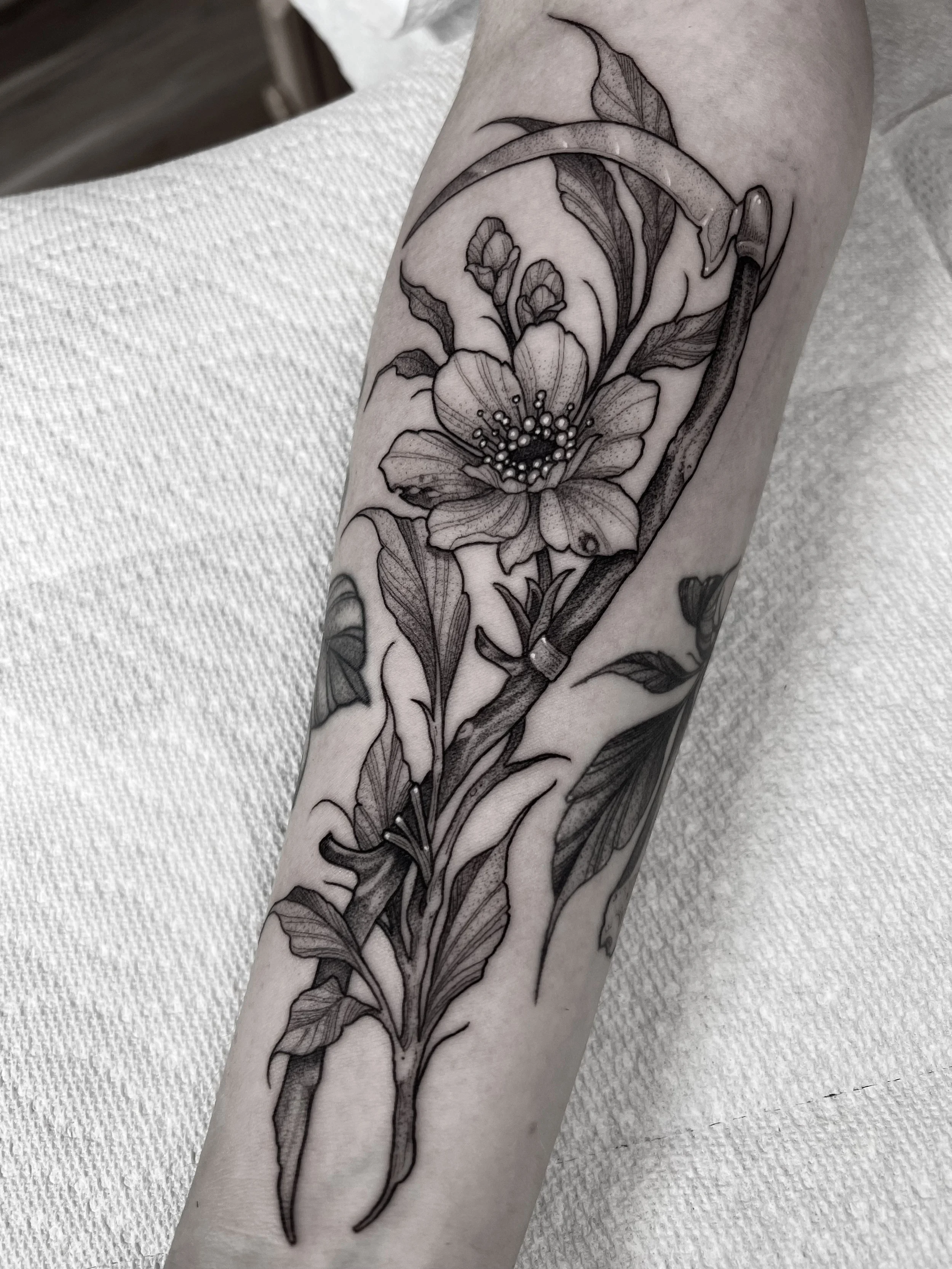 Blackwork tattoo Rochester NY Scythe floral