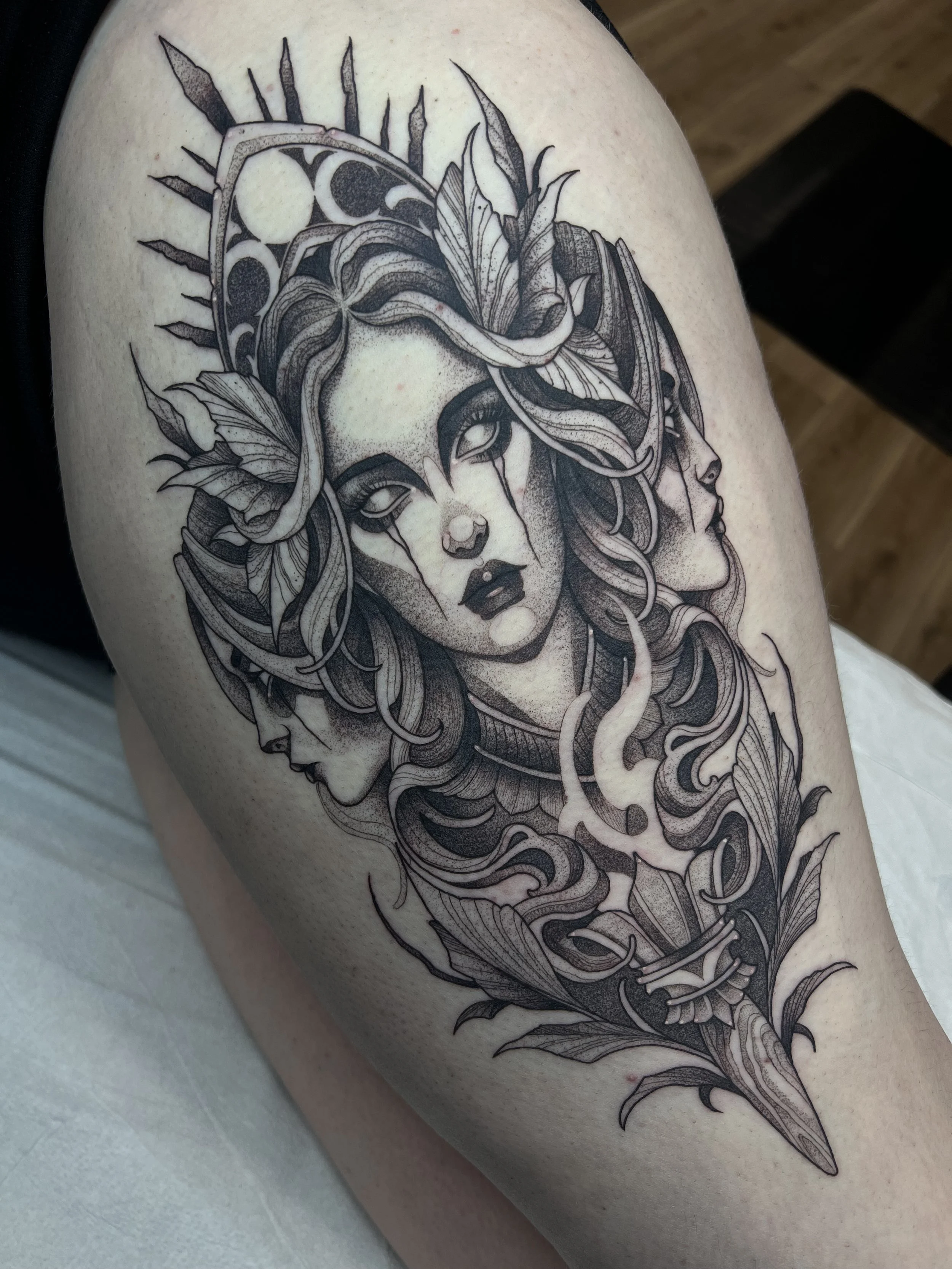 Blackwork tattoo Rochester NY Hecate mythology moon phase women