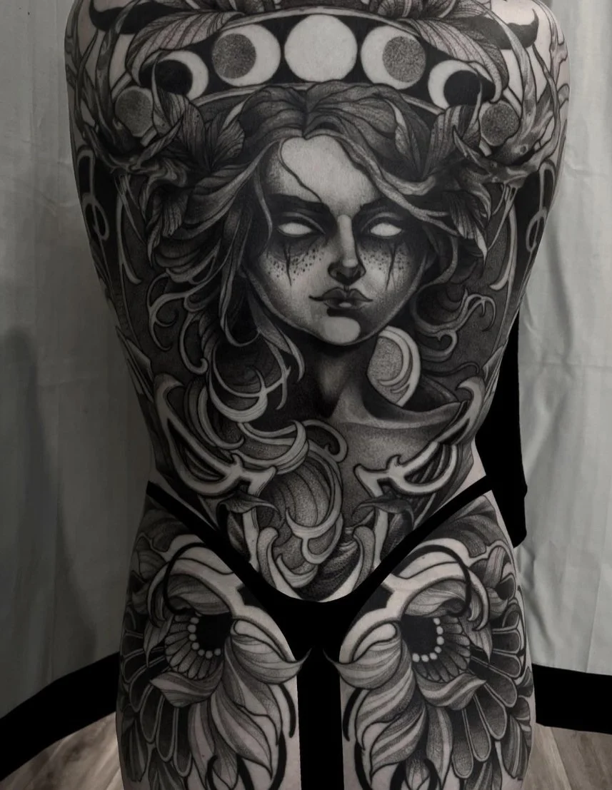 Blackwork tattoo Rochester NY full back witch moon phases floral 