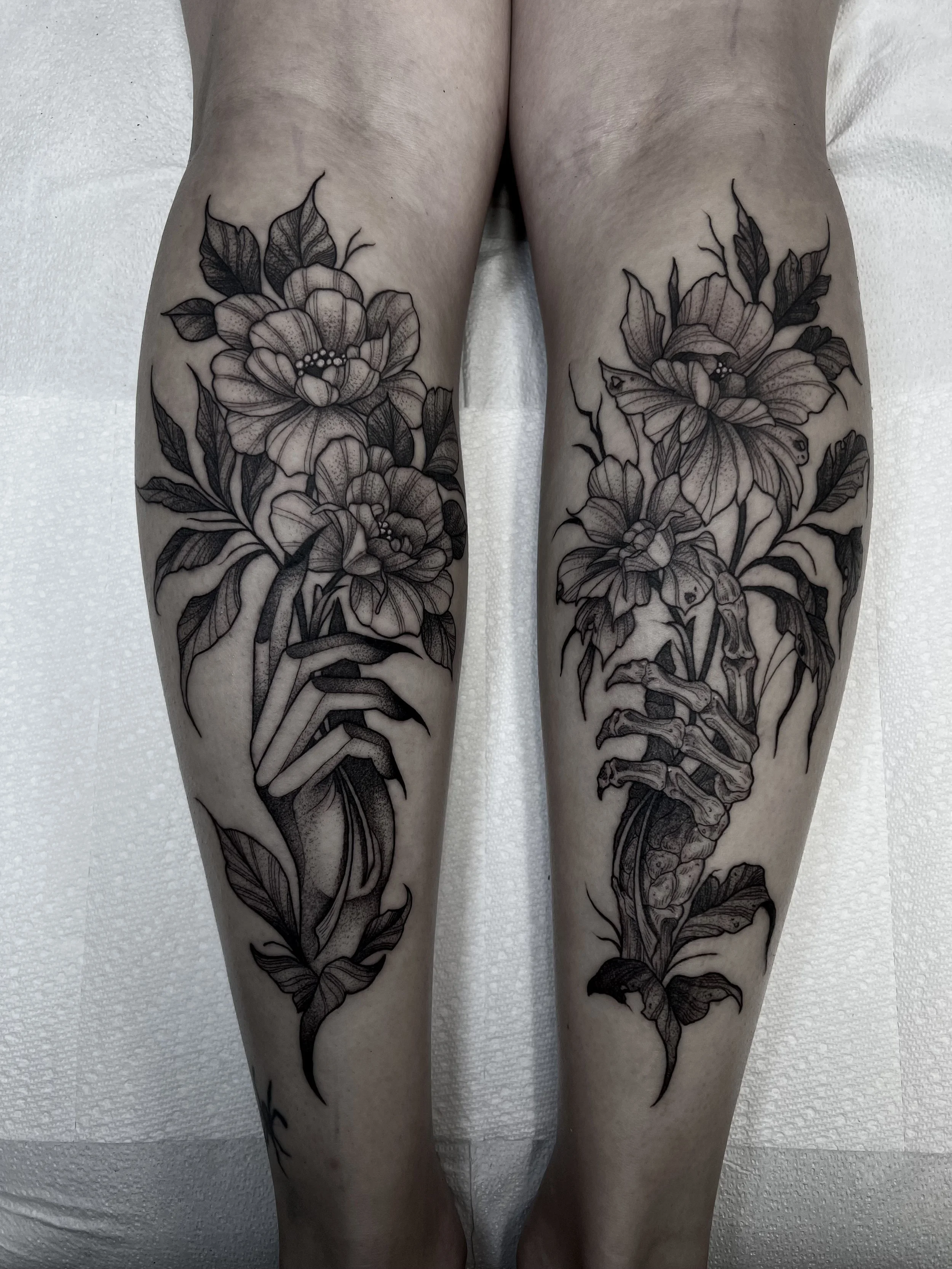 Blackwork tattoo Rochester NY Bouquet hand floral skeleton 