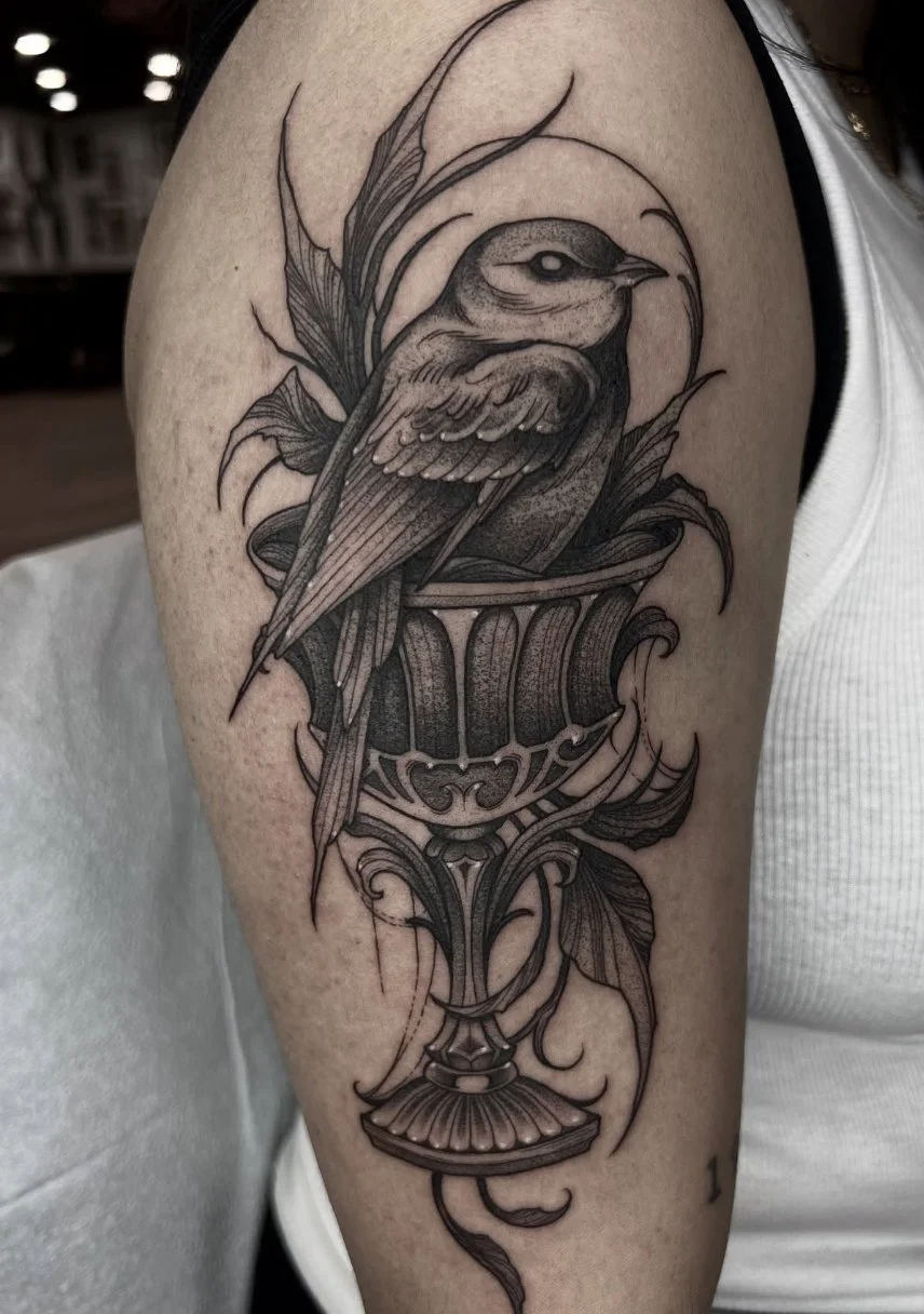 Blackwork tattoo Rochester NY Bird chalice goblet medieval 