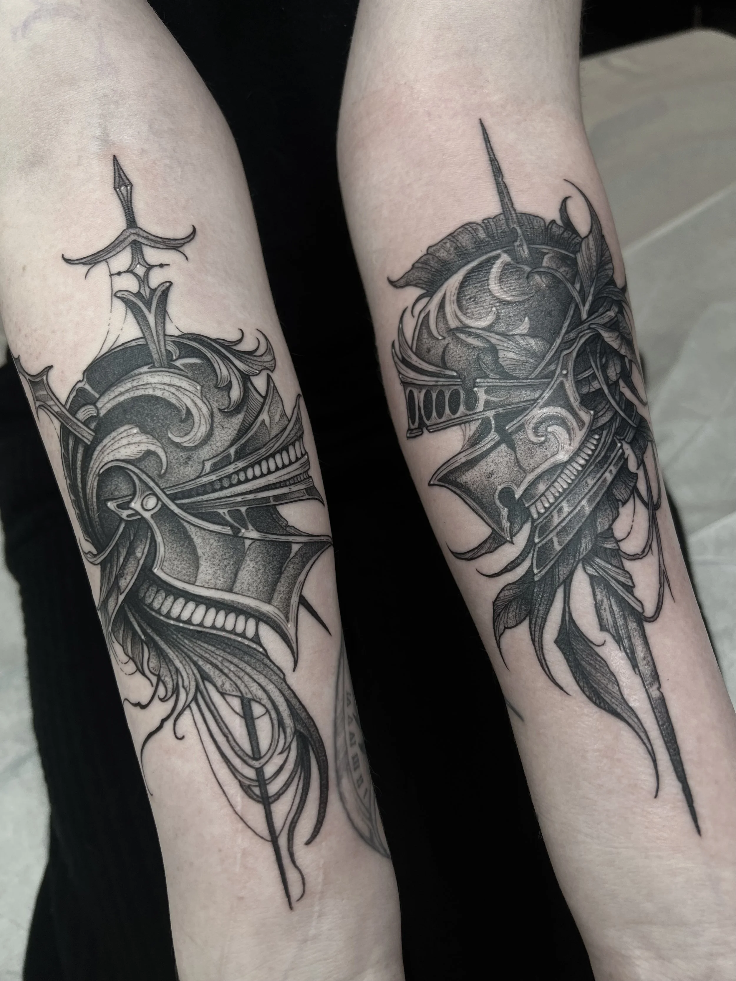 Blackwork medieval helmet tattoo Rochester NY