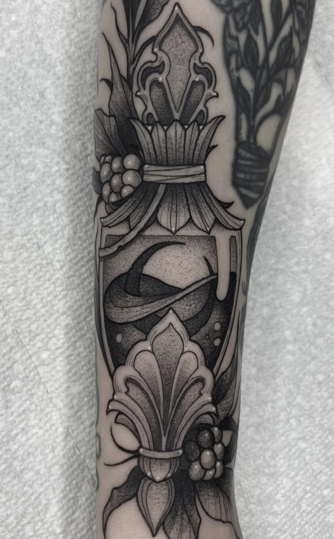 Blackwork tattoo Rochester NY Potion bottle moon floral