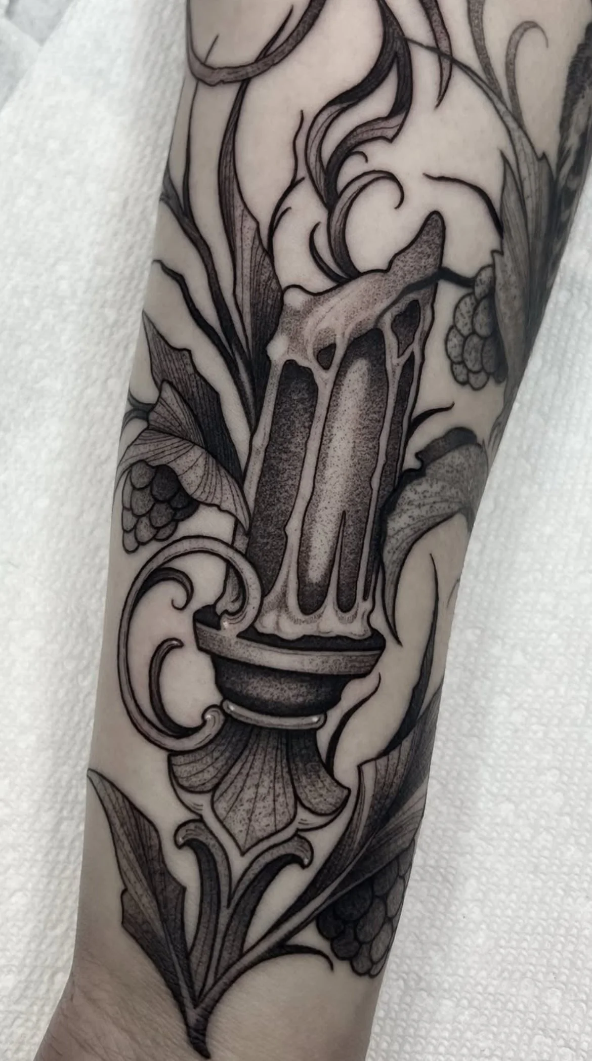 Blackwork tattoo Rochester NY candle floral