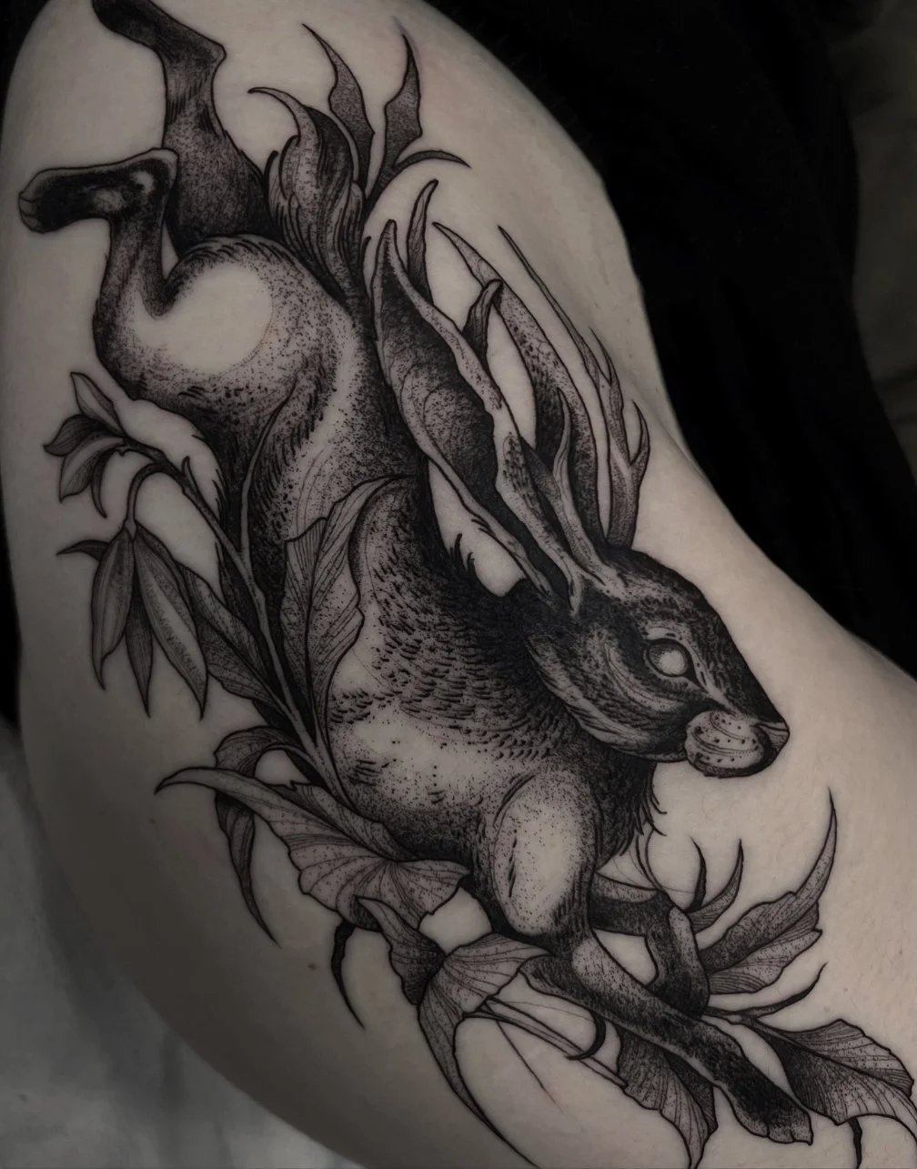 Blackwork tattoo Rochester NY Rabbit hare floral