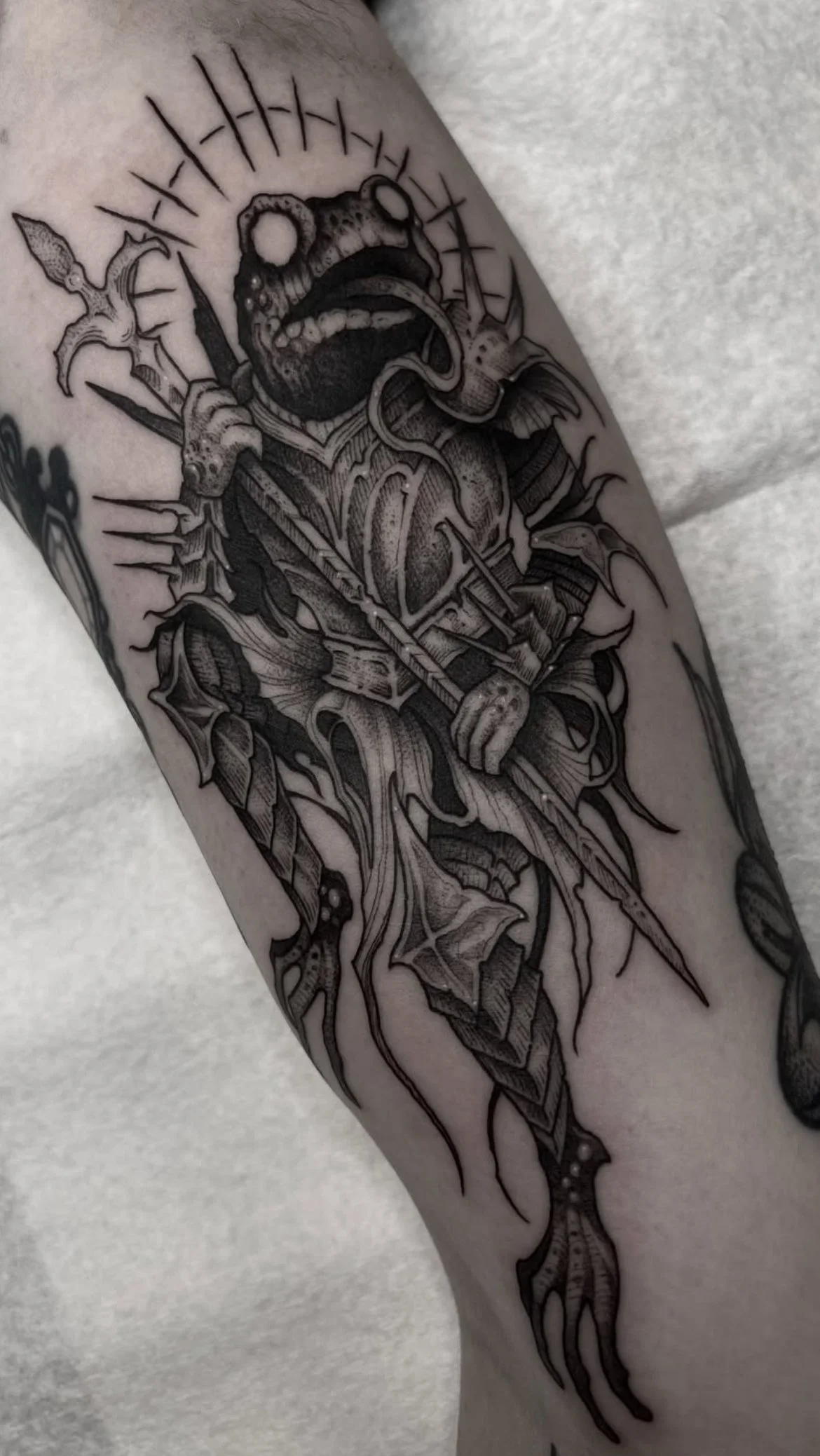 Blackwork tattoo Rochester NY Frog toad armor medieval 