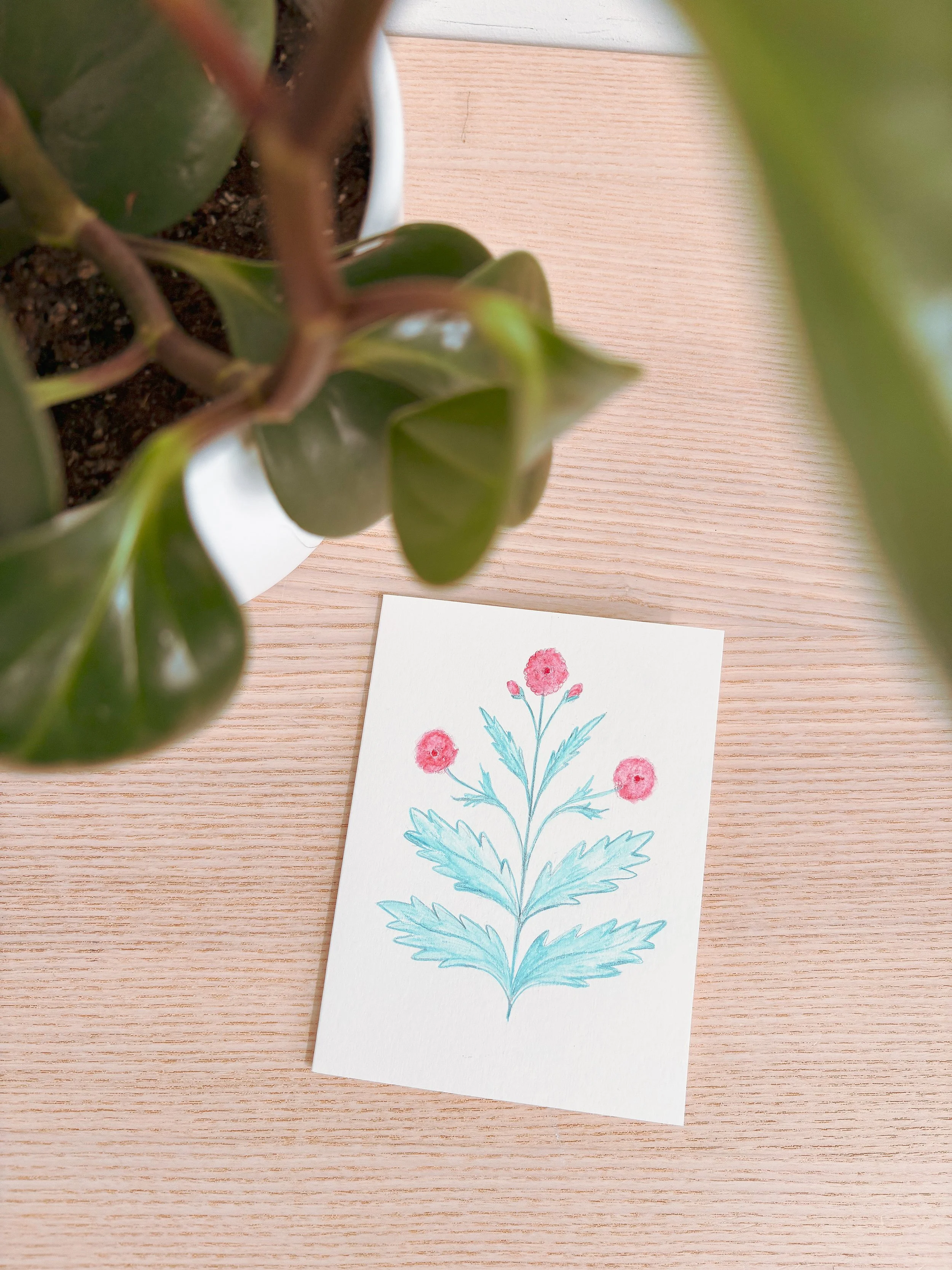 A drawing of a flowering plant with pink flowers and light blue leaves on a white card, placed on a light wooden surface, with a potted green plant partially visible in the upper left corner.