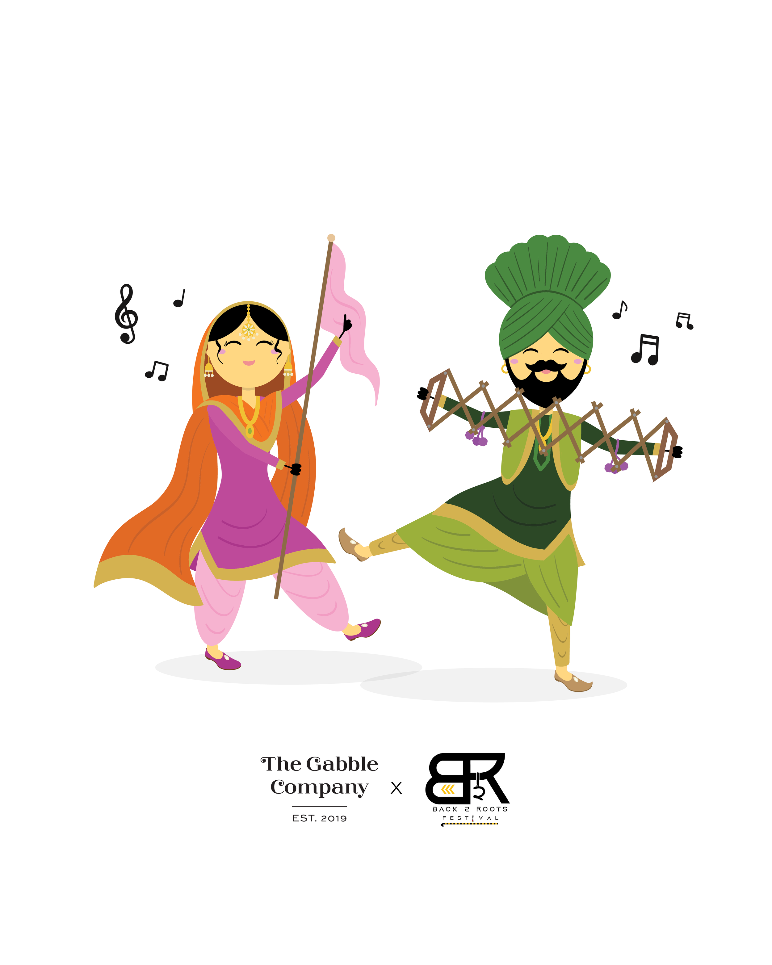 Two animated characters dressed in traditional Indian clothing dancing and playing musical instruments, with musical notes around them, and branding for The Gabble Company and Black Roots Festival at the bottom.