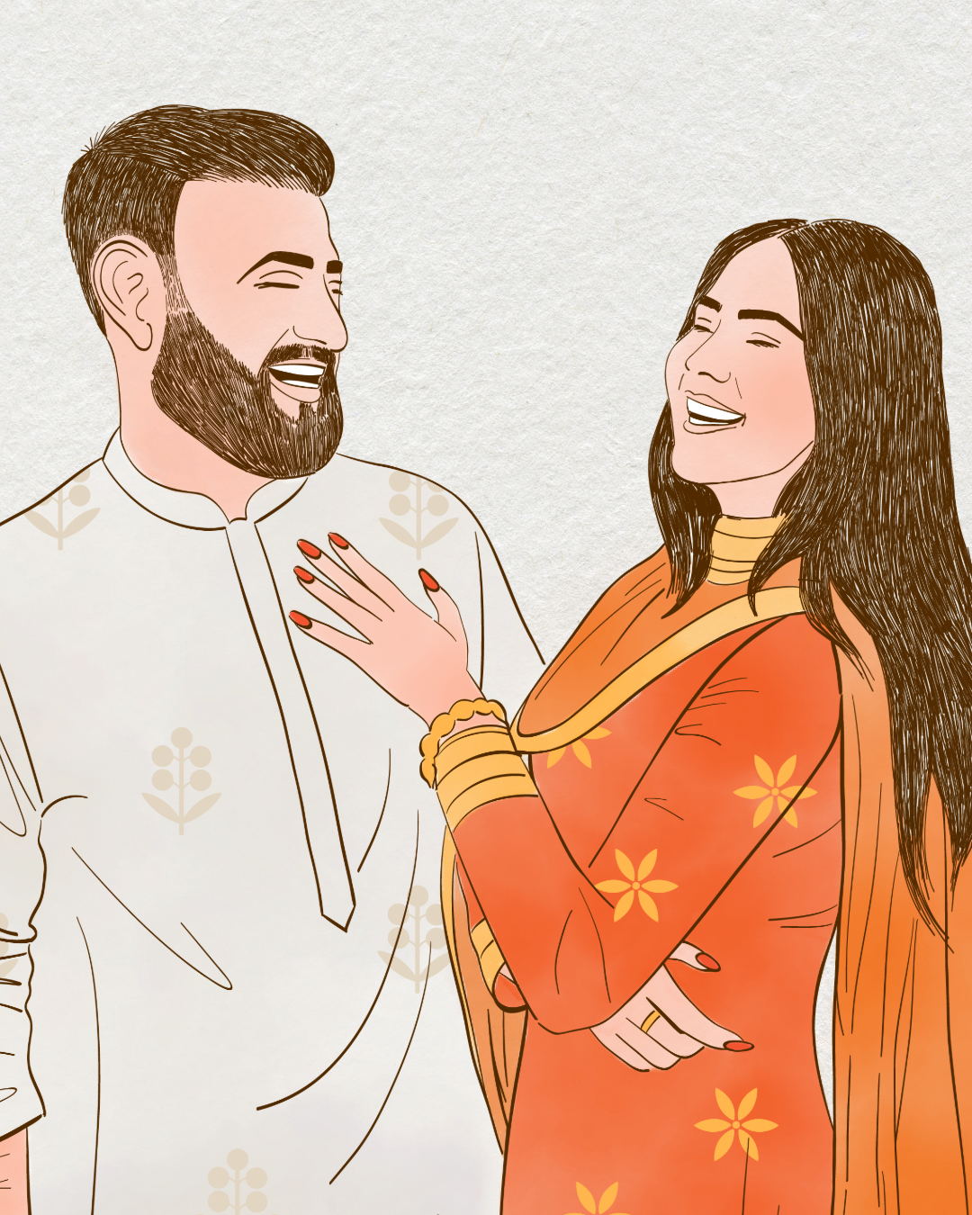 A man with a beard and a woman with long black hair laughing and smiling at each other, with the woman touching the man's chest.