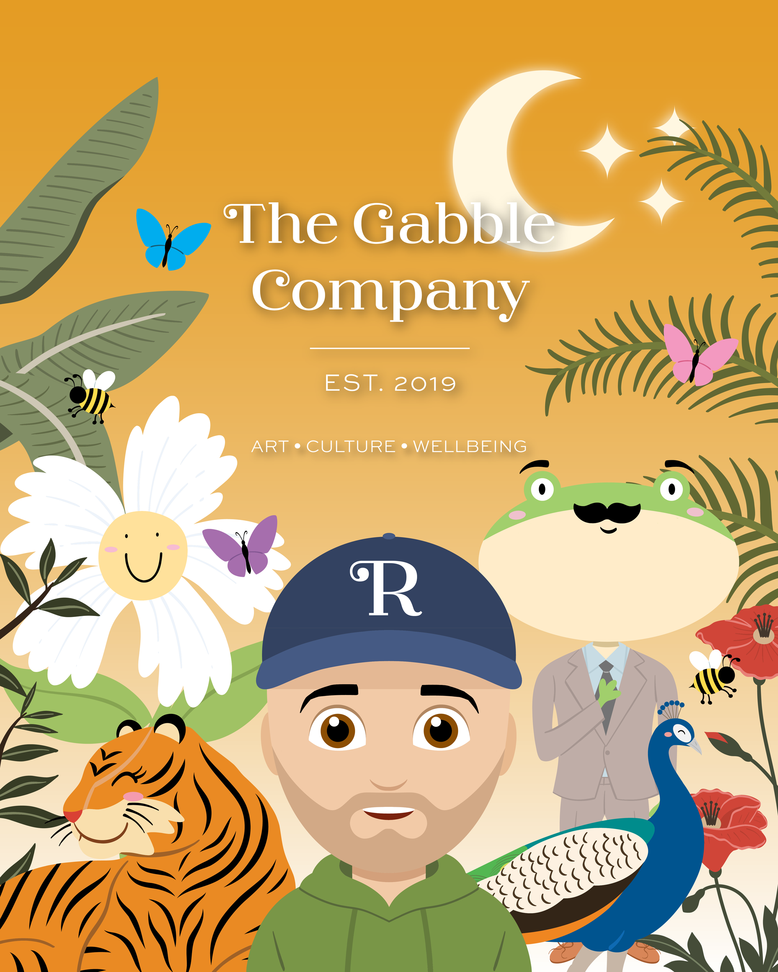 Illustration of a nature scene with a person in the center wearing a baseball cap and hoodie, surrounded by a tiger, peacock, various butterflies, bees, flowers, leaves, and a crescent moon with stars in the background. The text reads 'The Gabble Company, Est. 2019, Art, Culture, Wellbeing.'
