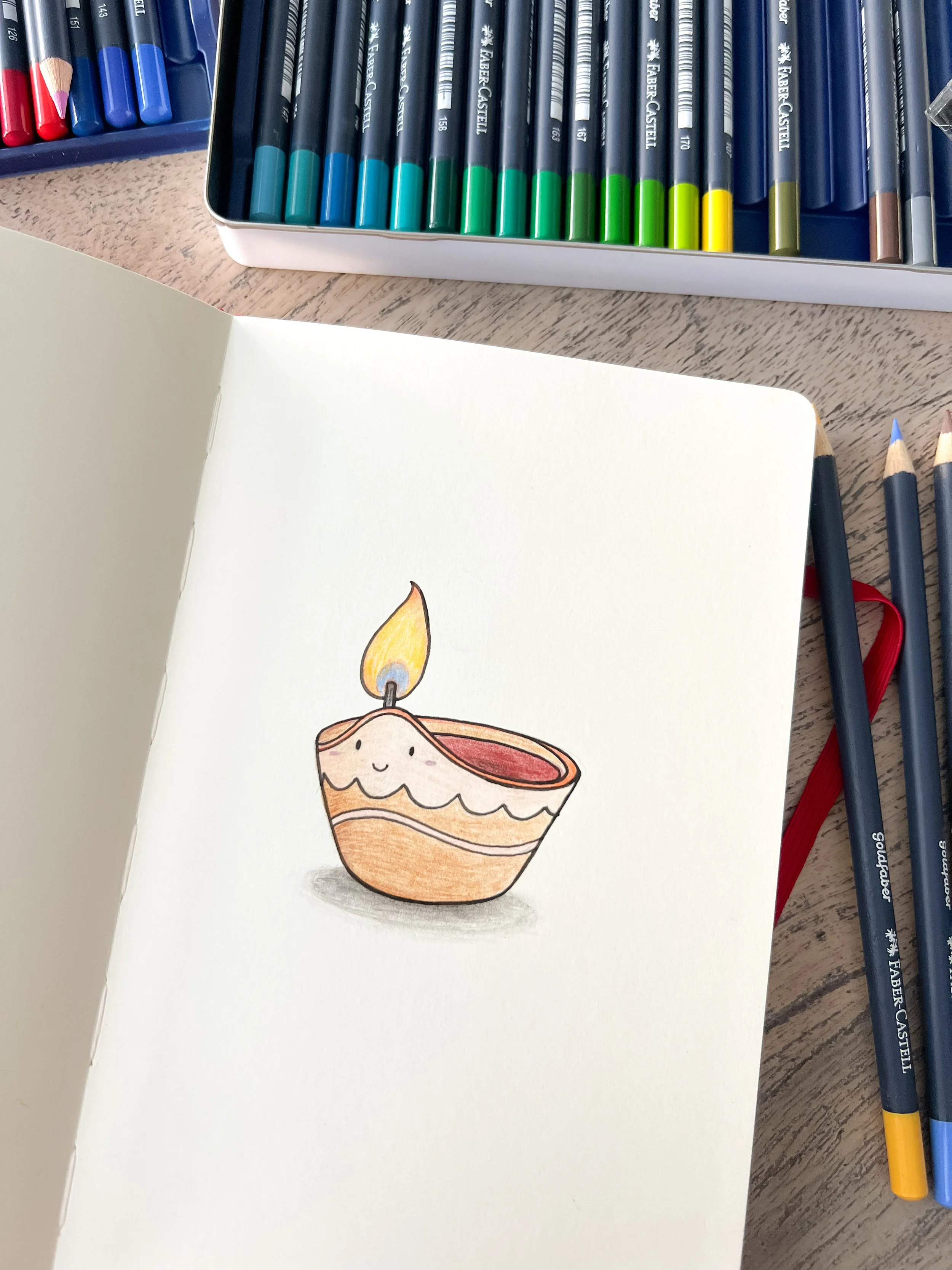Colorful drawing of a small, smiling birthday candle with a lit flame, placed in a textured bowl, on white paper.