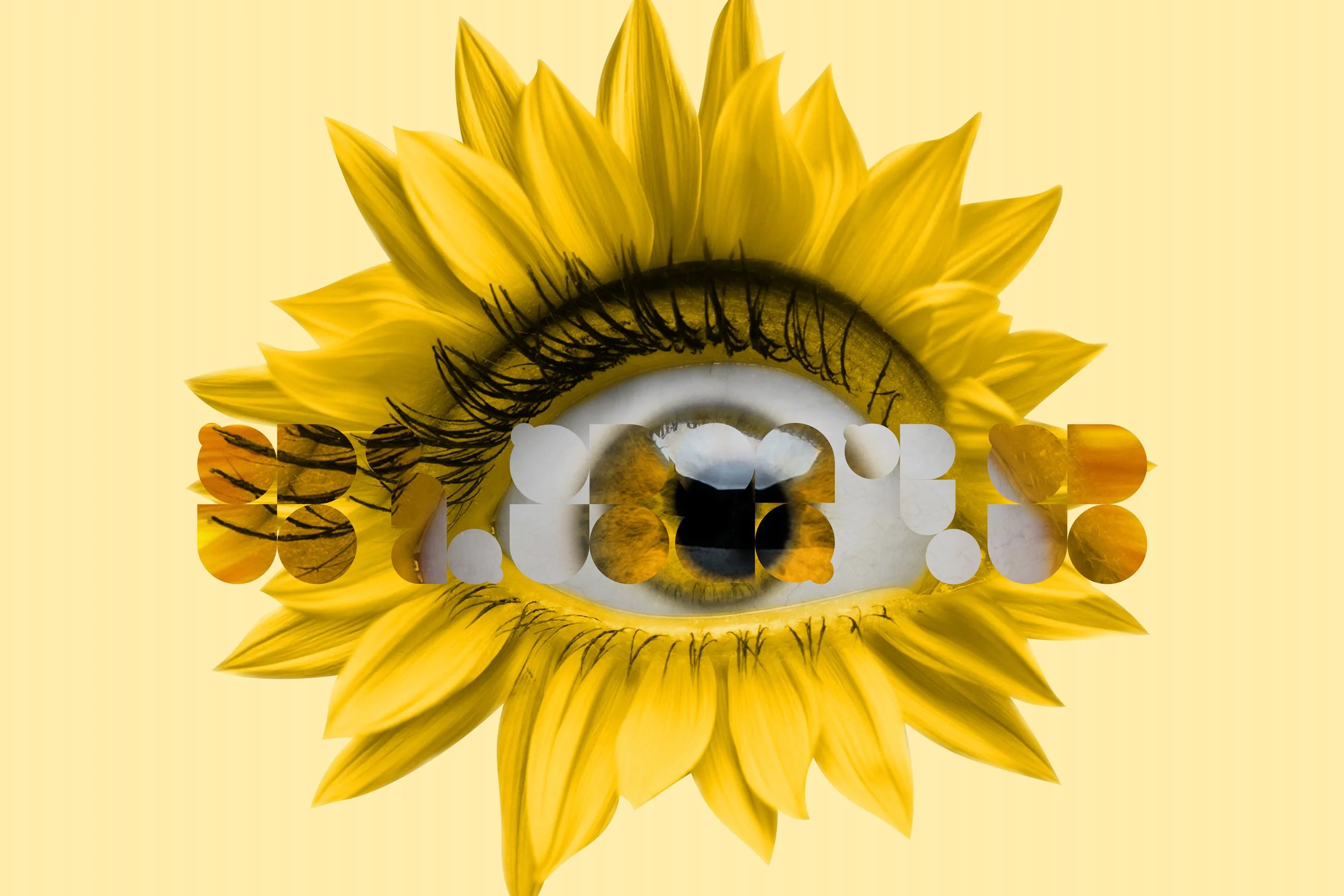 Ilustración creativa de un ojo humano rodeado de pétalos de girasol sobre un fondo amarillo.