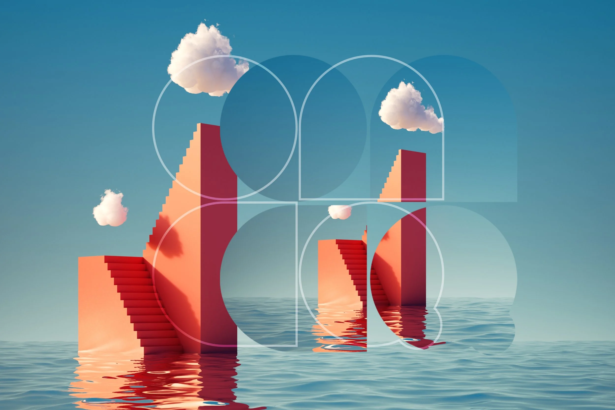 Escalera surrealista roja en el agua con nubes flotantes y formas geométricas superpuestas.