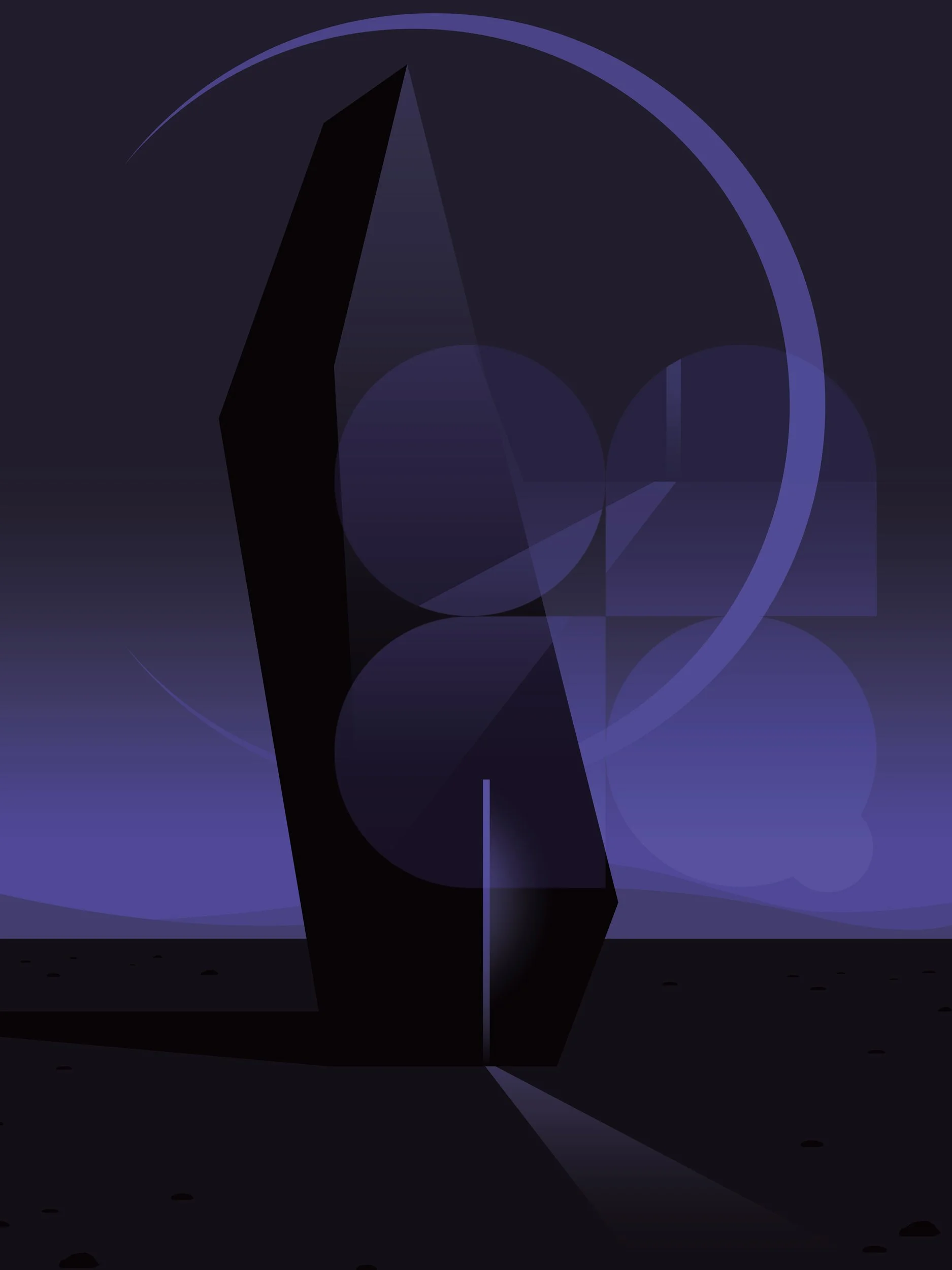 Dibujo de un monolito negro geométrico en un paisaje oscuro, con sombras y formas circulares en tonos morados.