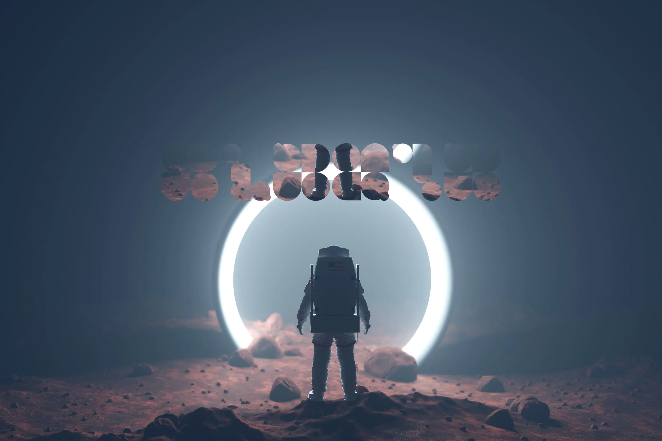Astronauta frente a un anillo de luz en un paisaje lunar, con rocas alrededor y un cielo oscuro.