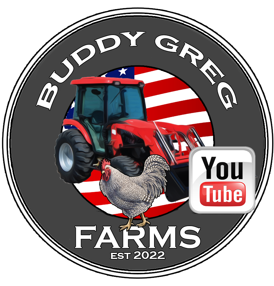 A logo for Buddy Greg Farms featuring a red tractor, a rooster, a background of American flag, and a YouTube icon, with text indicating establishment in 2022.