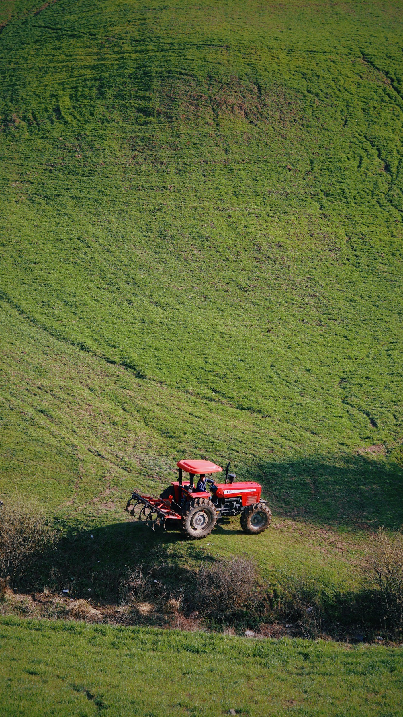 A red tractor is working on a green hillside with cultivated fields.