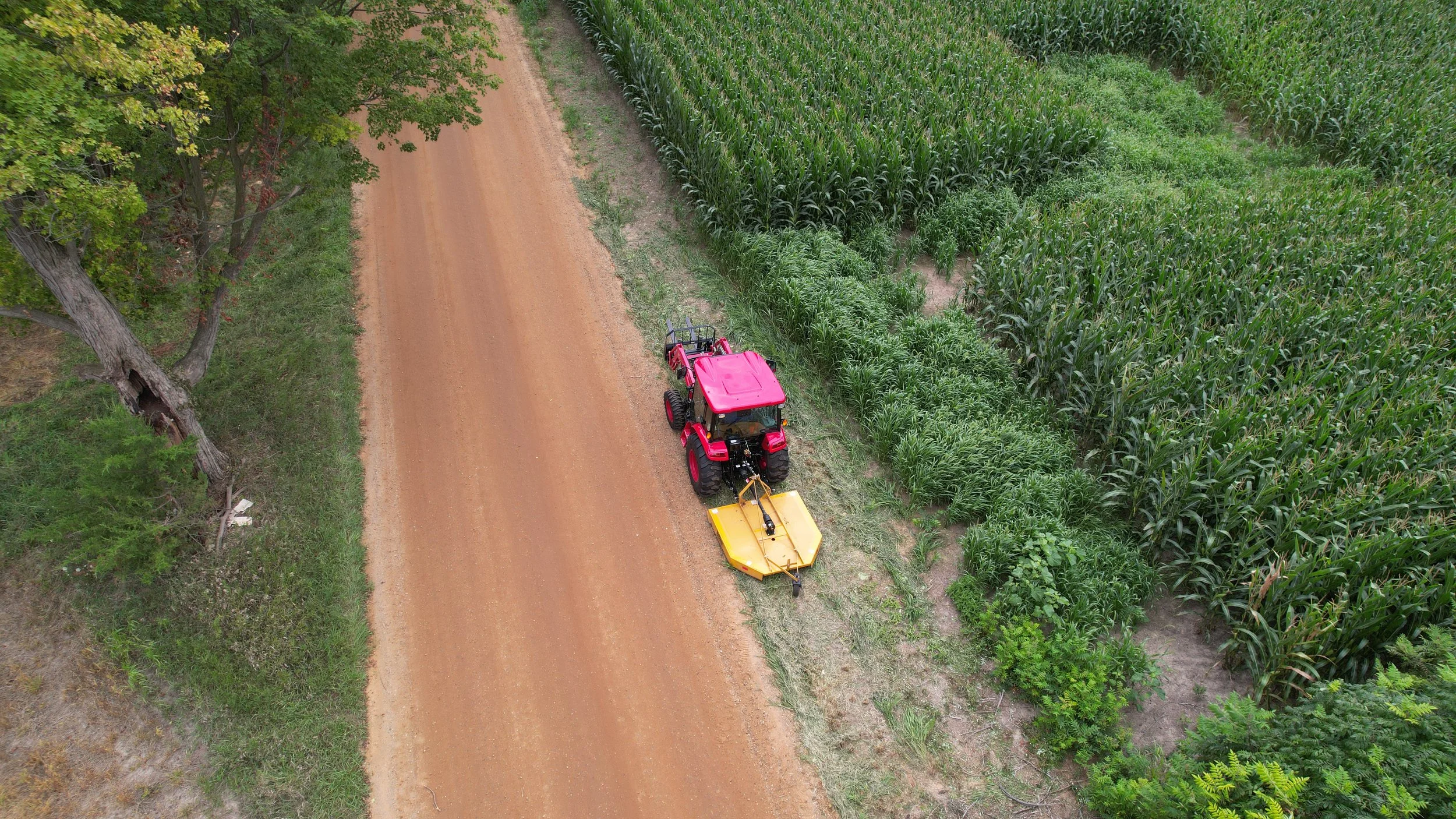 An aerial view of a red tractor working on a dirt road next to a green cornfield, surrounded by trees.