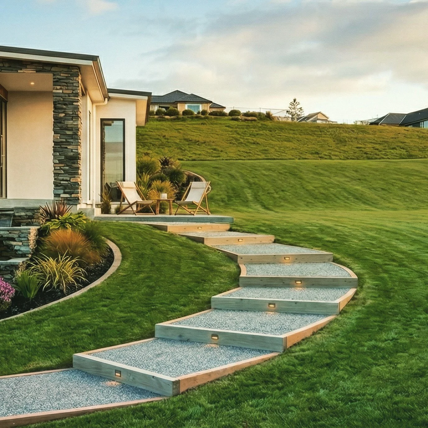 Exposed Pebble Steps With Timber Sleeper Border #hardscaping #concretestairs #pebbleconcrete