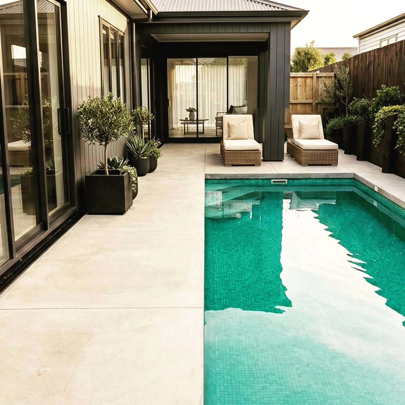 Trowel Finish, coloured concrete pool surround, acid washed and seal #broomfinish #poolsidebliss #concrete