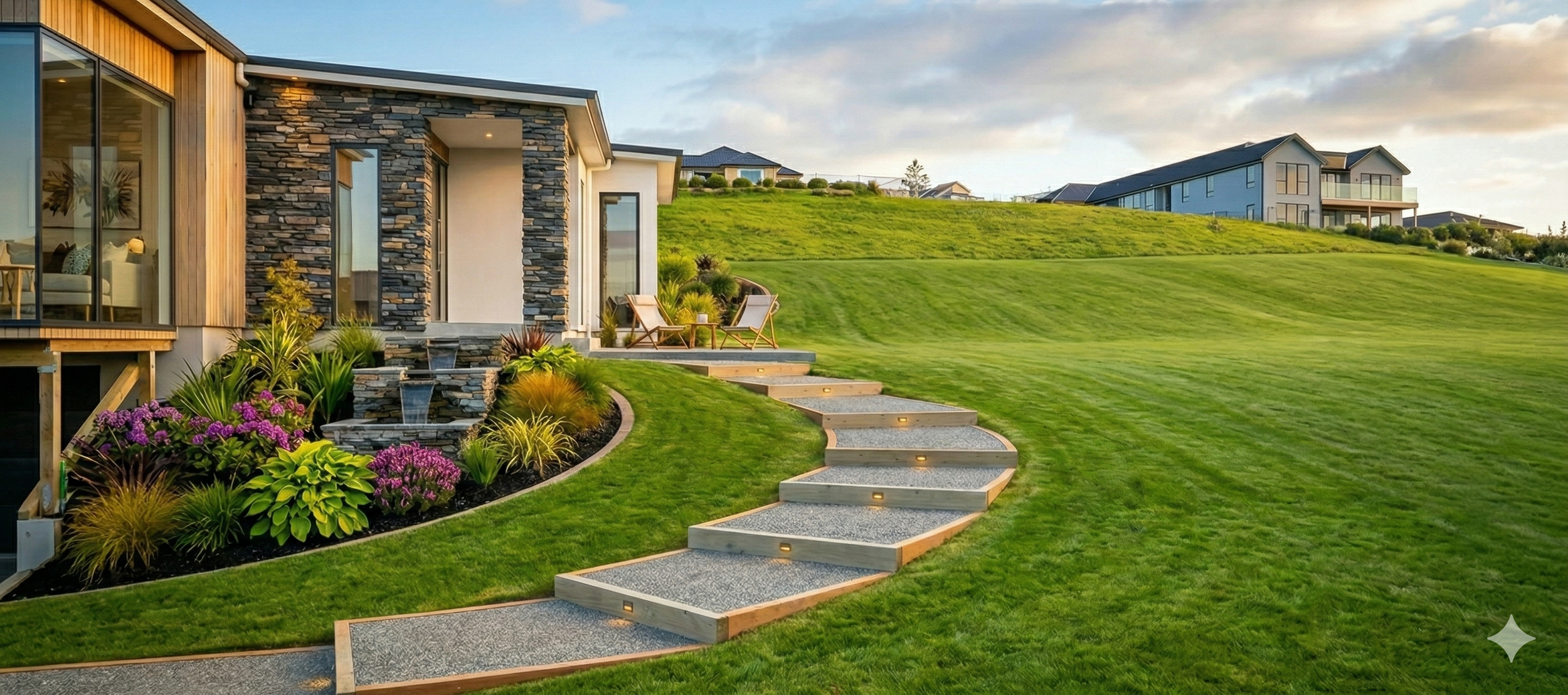 Hardscaping exposed railway sleeper stairs