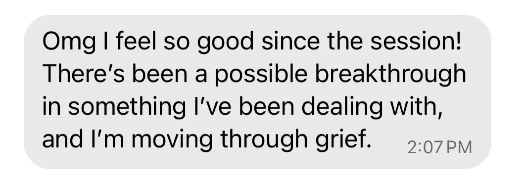 A text message expressing happiness and relief after a therapy session, mentioning a possible breakthrough and moving through grief.