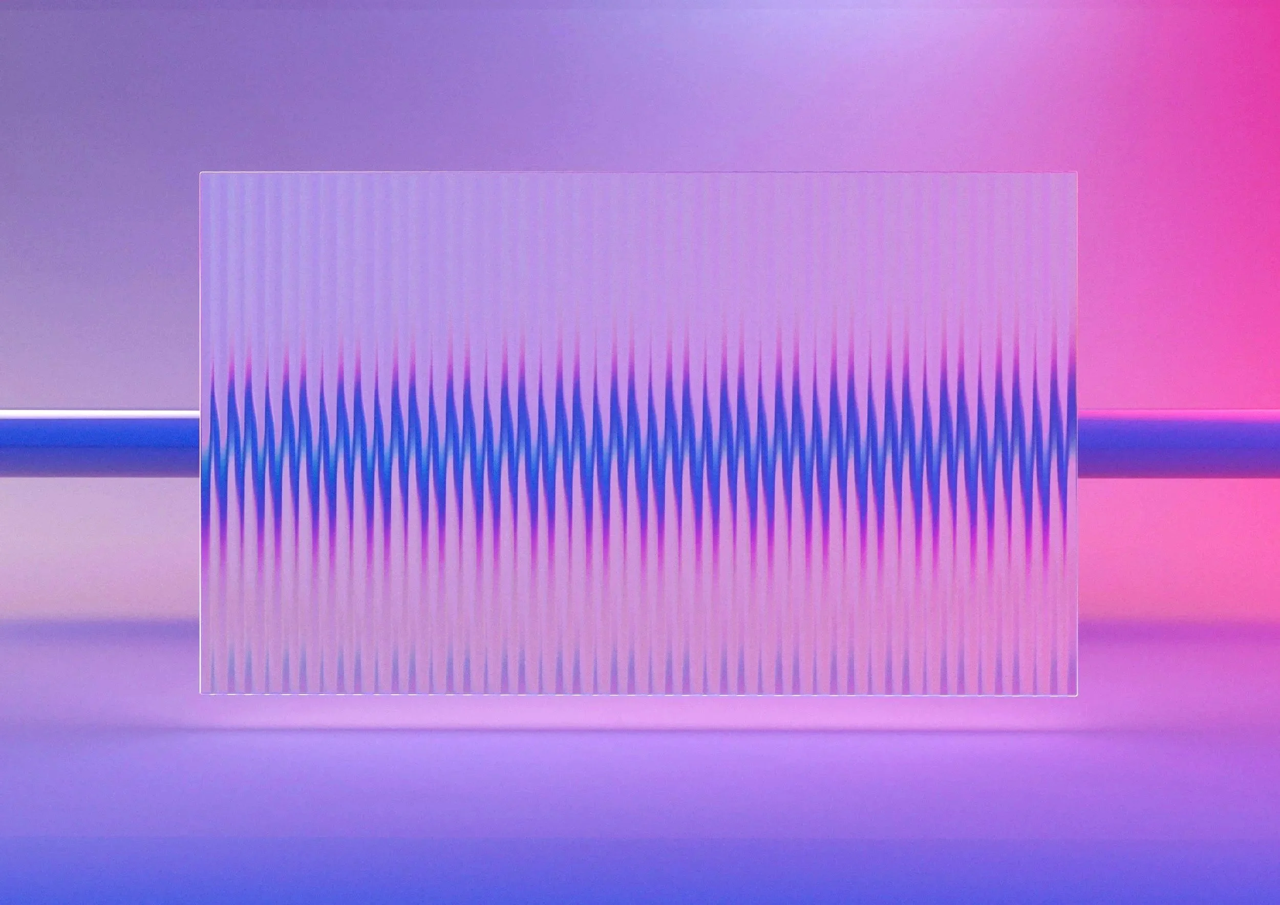 A digital art piece of sound waves, related to sound healing, sound therapy, ocean therapy, and sound healing featuring a gradient background in shades of purple, pink, and blue.
